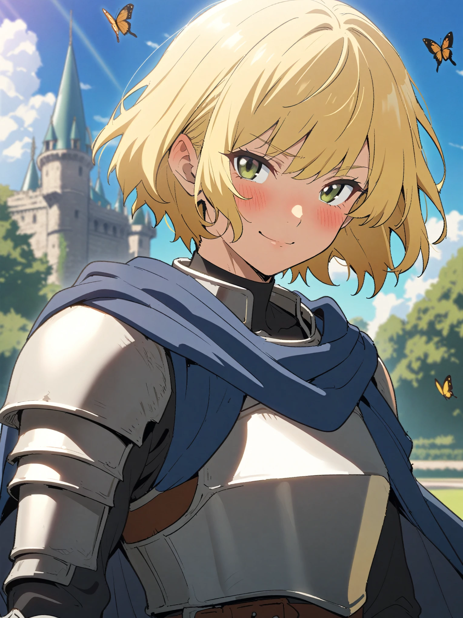 {{portrait, angled, face focus}} {{Artist: Sincos}} 1girl, muscular female, mature female, androgynous, tomboy, faint blush, gentle smile, blonde hair, very short hair, bob cut, green eyes, plate armor, flat chest, blue cloth, blue cloak, leather belt, palace gardens, looking at viewer, sky background, clouds, sunshine, butterfly, medieval fantasy.