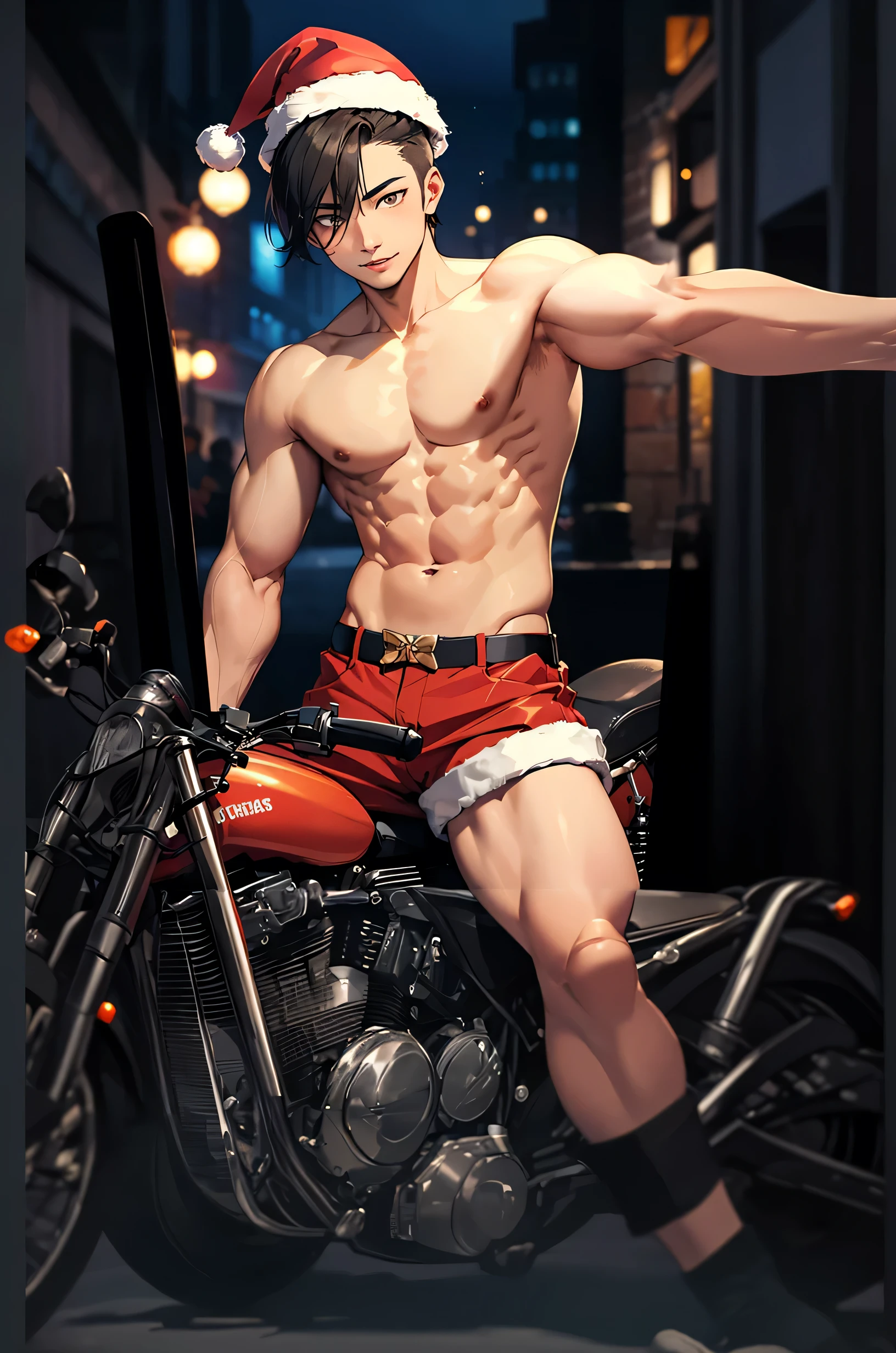 Santa hat,1 man,Black hair,(Riding a motorcycle),(whole body),muscle,shorts,8K, HD,masterpiece