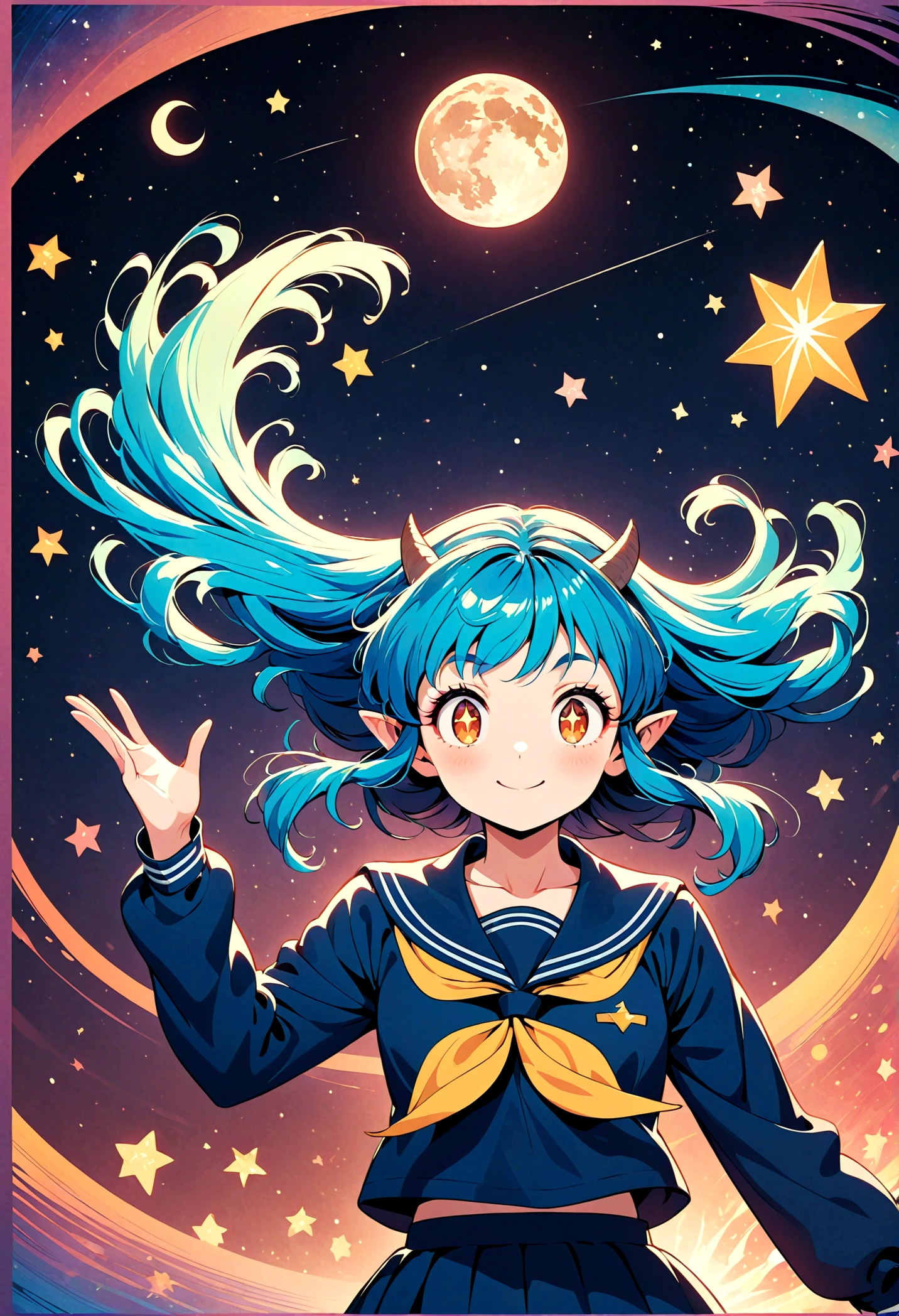 takahashi rumiko style,(1 girl,Lum,long hair,bangs,blue hair,orange eyes,horns,pointy ears,aqua hair,oni horns,(eyeshadow),(shirt,long sleeves,sailor suit,sailor collar,neckerchief,yellow neckerchief,blue shirt,blue sailor collar,blue skirt),the character Lum from "Urusei Yatsura",girly,bright smile,fine,Lum is floating in the air,jump,Bright and cheerful atmosphere,BREAK,(Creates a POP illustration style background,Background elements such as space or a starry sky,Outer space with the moon and stars floating in it,rich colors,colorful,shooting star,draw with thick lines,Sparkling,unbelievably absurd,zentangle elements,vector art),beautiful light and shadow,BREAK,(masterpiece:1.3),(highest quality:1.4),(ultra detailed:1.5),High resolution,extremely detailed,unity 8k wallpaper,intricate details,absurdity,Sparkling,anatomically correct,cute,sparkling eyes