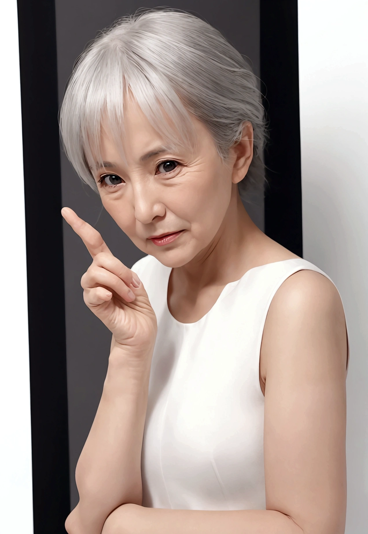(((alone))), Older mature woman, Pure white background, gravure, Look forward, ((Center the screen)), Show both hands, Facing forward, Prevents finger crumbling