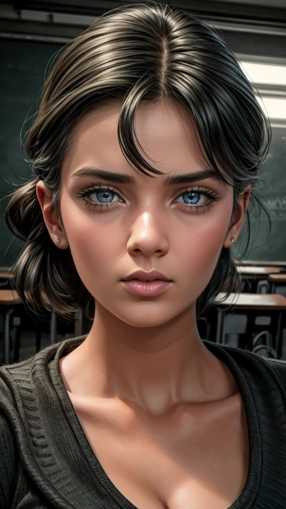 beautiful detailed eyes, beautiful detailed lips, extremely detailed eyes and face, long eyelashes, 1girl, classroom, looking sideways, disgusted expression, dramatic lighting, moody atmosphere, gloomy, desaturated colors, cinematic, high quality, 8k, hyper detailed, masterpiece, photorealistic