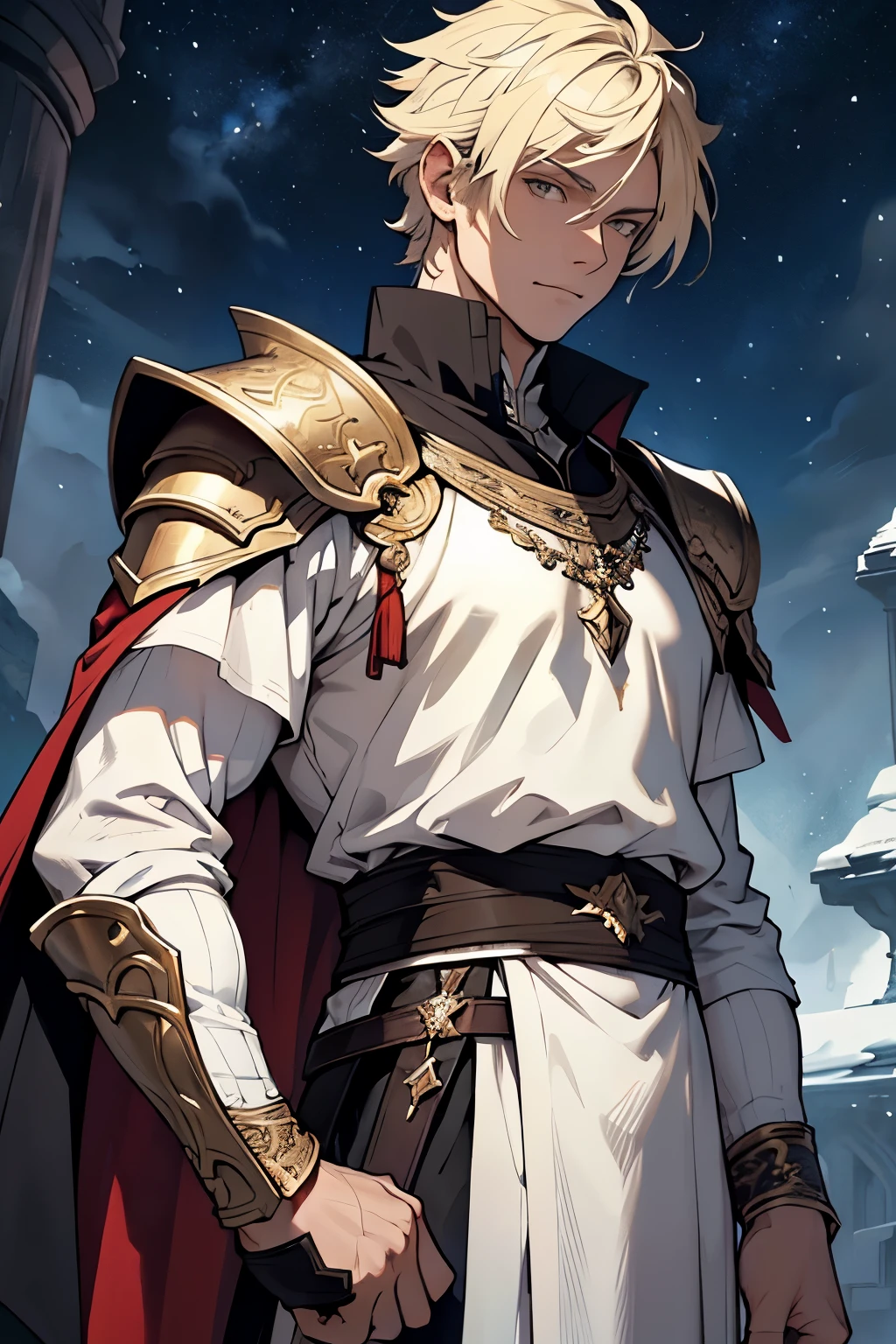 white man, blond hair, brown eyes, short hair, with white clothes, on top of the white clothes he wears armor decorated in black, on his two arms he has bracelets decorated in black, wearing a white cape, the cover has a drawing of a dragon in the middle in black, on the edges of the cover it has a black outline, the cover covers both his shoulders, on his waist he has a sword in its sheath, scenery and the night sky with stars.