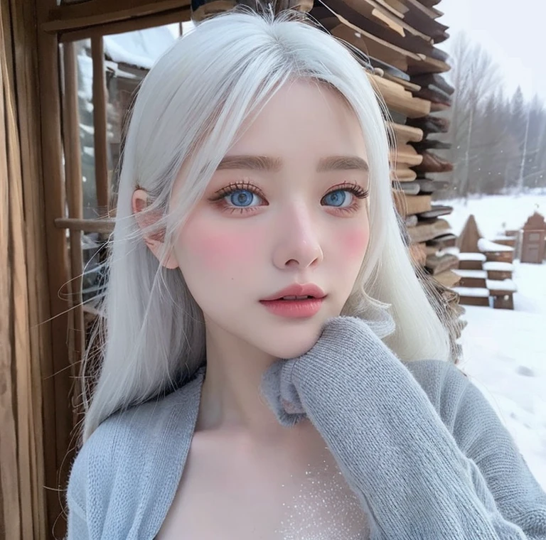 Beautiful girl, blue eyes, white hair, detailed facial traits, national turkic female dress, naked breasts, yurta behind, it's snowing