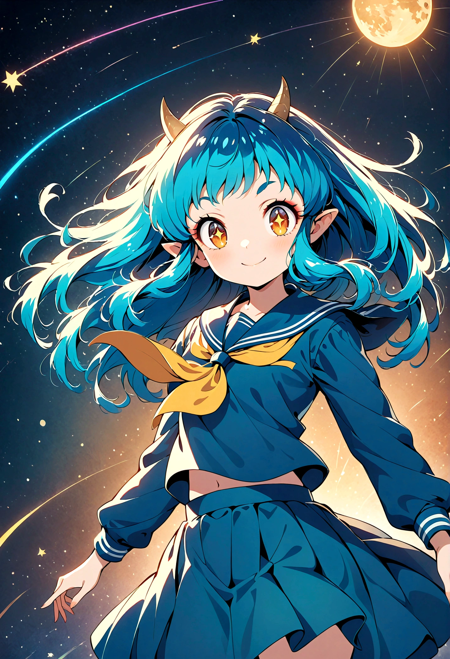 takahashi rumiko style,(1 girl,Lum,long hair,bangs,blue hair,orange eyes,horns,pointy ears,aqua hair,oni horns,(eyeshadow),(shirt,long sleeves,sailor suit,sailor collar,neckerchief,yellow neckerchief,blue shirt,blue sailor collar,blue skirt),the character Lum from "Urusei Yatsura",girly,bright smile,fine,Lum is floating in the air,jump,Bright and cheerful atmosphere,BREAK,(Creates a POP illustration style background,Background elements such as space or a starry sky,Outer space with the moon and stars floating in it,rich colors,colorful,shooting star,draw with thick lines,Sparkling,unbelievably absurd,zentangle elements,vector art),beautiful light and shadow,BREAK,(masterpiece:1.3),(highest quality:1.4),(ultra detailed:1.5),High resolution,extremely detailed,unity 8k wallpaper,intricate details,absurdity,Sparkling,anatomically correct,cute,sparkling eyes