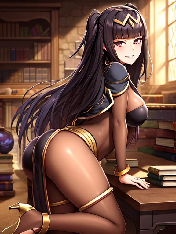 ((extreme detail)),(ultra-detailed), extremely detailed CG unity 8k wallpaper, solo, 1girl, tharja, (Wearing: gold loincloth, black nylon bodysuit, hair ornament, high heels:1.2), own hands together, fingers interlocked, leaning on desk, standing, looking back, looking at viewer, seductive grin, teeth, from side, (Background: Indoors, stone room, artifacts, glowing rocks, desk, shelves filled with books and potions)
