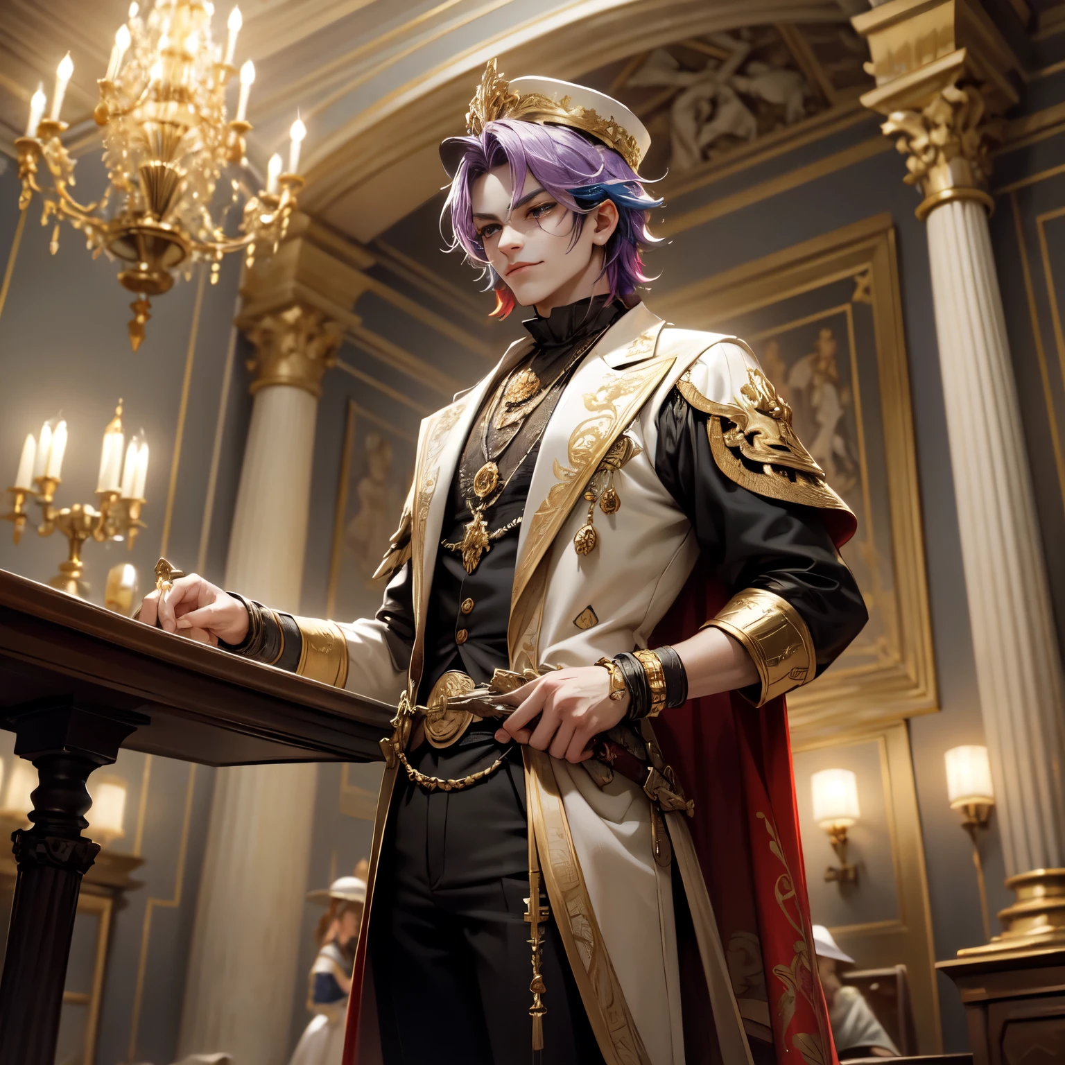 Create an 8K ultra HD digital image of a noble joker sacred court clown, com cabelos multicoloridos e longos, na sala de jantar do castelo. O curinga tem olhos dourados e pele clara, com maquiagem detalhada e vibrante. Ele veste um traje arlequim de veludo vermelho e dourado, adorned with magical bells and jewels that glow softly. He wears a harlequin hat with decorated spikes and small precious stones., as well as golden bracelets and a magical amulet around the neck. Na sala de jantar, o curinga empunha a Espada de Zeus. The sword is made of celestial gold and emits golden rays, with divine inscriptions along the blade that shine brightly. The hilt of the sword is adorned with small rays and lightning., simbolizando seu poder supremo. He holds the sword in a courteous pose,pronto para proteger os convidados durante o banquete, while electric sparks dance around you. The Sword of Zeus is known for its ability to control thunder and lightning, e uma aura de poder divino emana dela. The dining room is grand, com uma longa mesa de madeira finamente entalhada, coberta com uma toalha de linho e adornada com candelabros de prata e arranjos florais. Elegant tapestries decorate the walls, e grandes janelas permitem a entrada de luz natural, illuminating the environment with a warm and welcoming light. The image should capture the opulence and formality of the dining room, highlighting the joker's interaction with the Sword of Zeus.