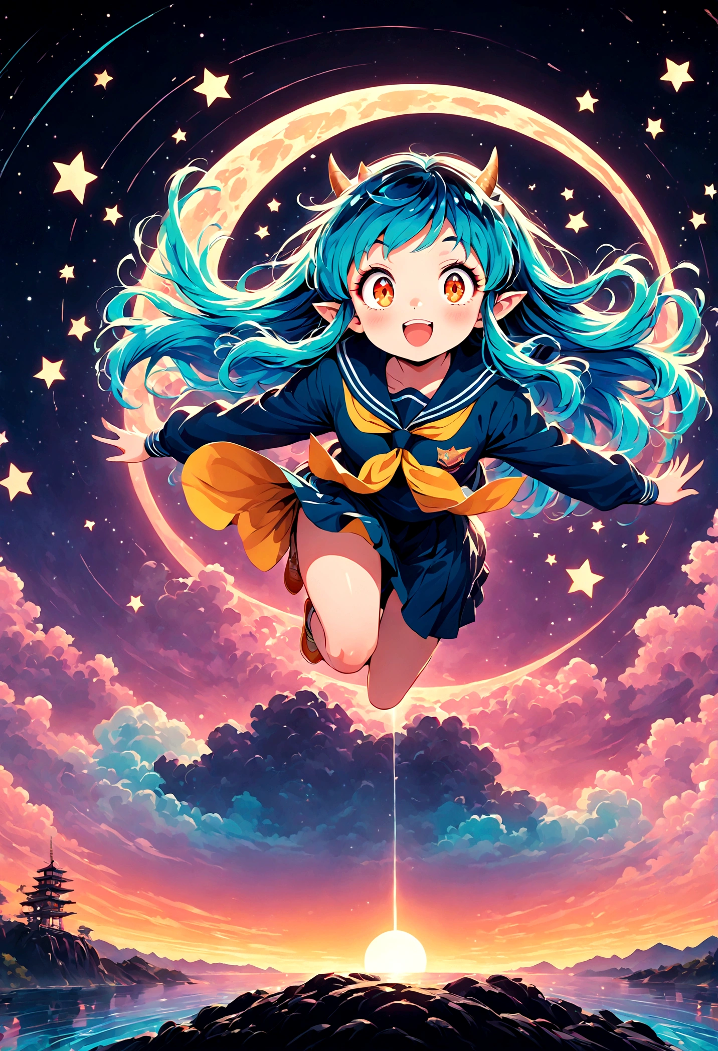 takahashi rumiko style,(1 girl,Lum,long hair,bangs,blue hair,orange eyes,horns,pointy ears,aqua hair,oni horns,(eyeshadow),(shirt,long sleeves,sailor suit,sailor collar,neckerchief,yellow neckerchief,blue shirt,blue sailor collar,blue skirt),the character Lum from "Urusei Yatsura",girly,bright smile,fine,Lum is floating in the air,jump,Bright and cheerful atmosphere,BREAK,(Creates a POP illustration style background,Background elements such as space or a starry sky,Outer space with the moon and stars floating in it,rich colors,colorful,shooting star,draw with thick lines,Sparkling,unbelievably absurd,zentangle elements,vector art),beautiful light and shadow,BREAK,(masterpiece:1.3),(highest quality:1.4),(ultra detailed:1.5),High resolution,extremely detailed,unity 8k wallpaper,intricate details,absurdity,Sparkling,anatomically correct,cute,sparkling eyes