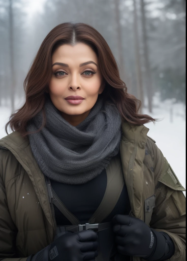 45yo MATURE MILF AISHWARYA RAI, (photorealistic), beautiful lighting, best quality, realistic, full body portrait, real picture, intricate details, depth of field, 45-years-old, in a cold snowstorm, a wings, A very sexy hourglass solider girl with haircut, wearing black military fatigues, huge cleavage show, combat gloves, (magazin pouches), (kneepads), highly-detailed, perfect face, hazel eyes, lips, wide hips, small waist, tall, make up, tacticool, Fujifilm XT3, outdoors, bright day, Beautiful lighting, RAW photo, 8k uhd, film grain, ((bokeh))