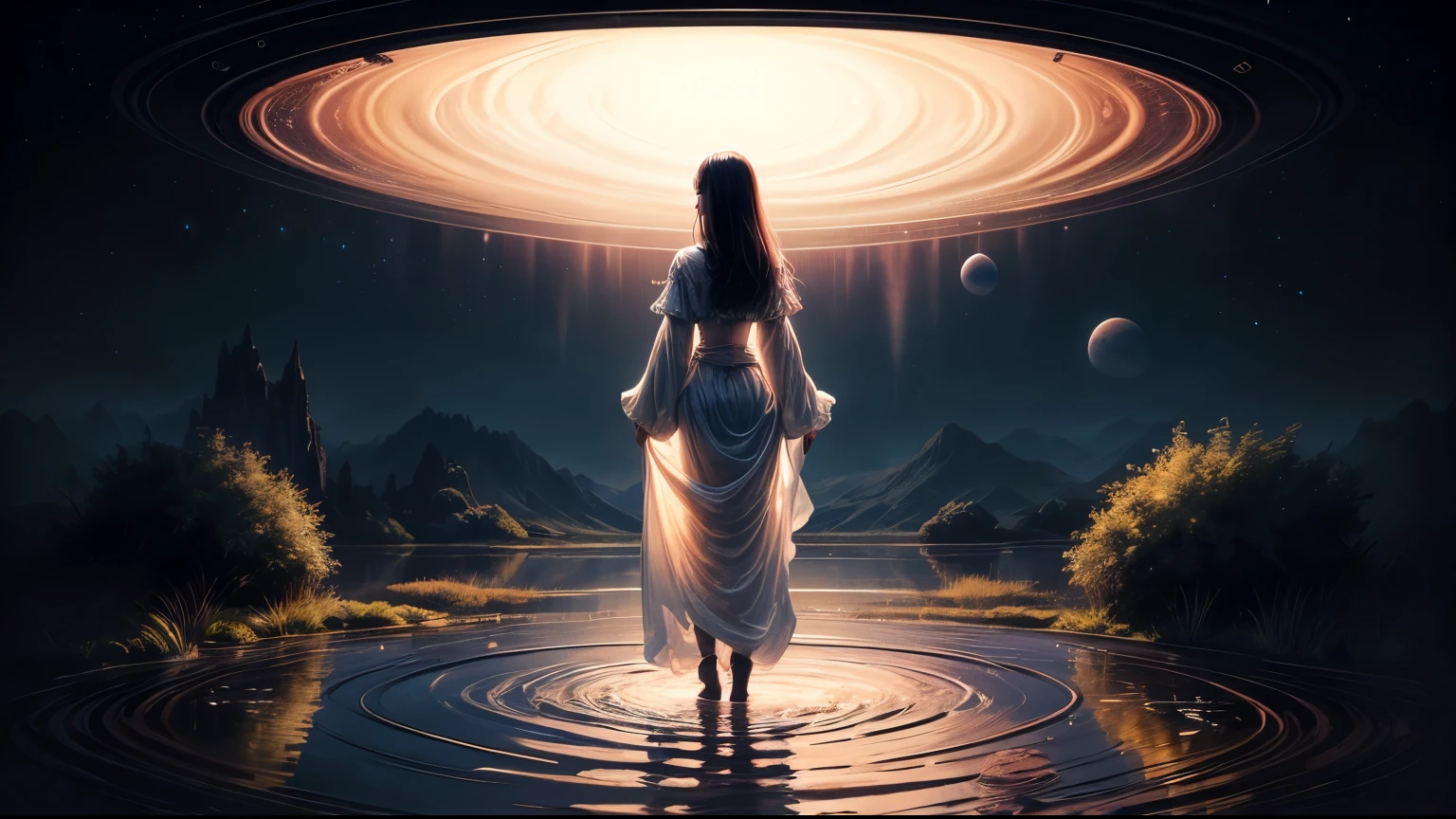Painting: A fascinating work of art depicting a girl in silk, Standing on the edge of a mysterious pond, Surrounded by swirling magic, A distant planet casts an ethereal light on her.