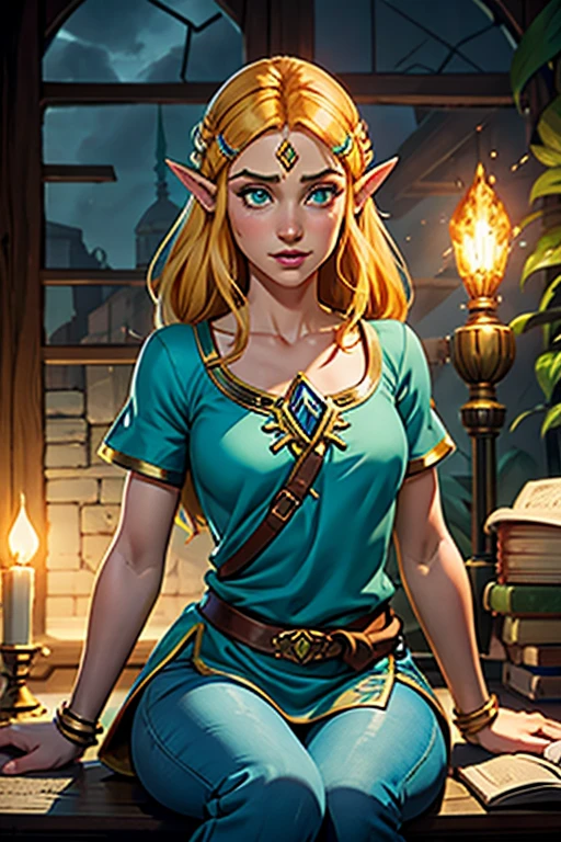 princess zelda, 1 garota, artist request, cinto, cabelo loiro, camisa azul, livro, Botas, inexpressivo, corpo todo, olhos verdes, high resolution, olhando para o espectador, Magia, nintendo, pants, Orelhas pontudas, camisa, cabelo curto, fundo simples, Sozinho, A Lenda de Zelda, A Lenda de Zelda: sopro da natureza, A Lenda de Zelda: Tears of the Kingdom, flor feita de luz, Magia