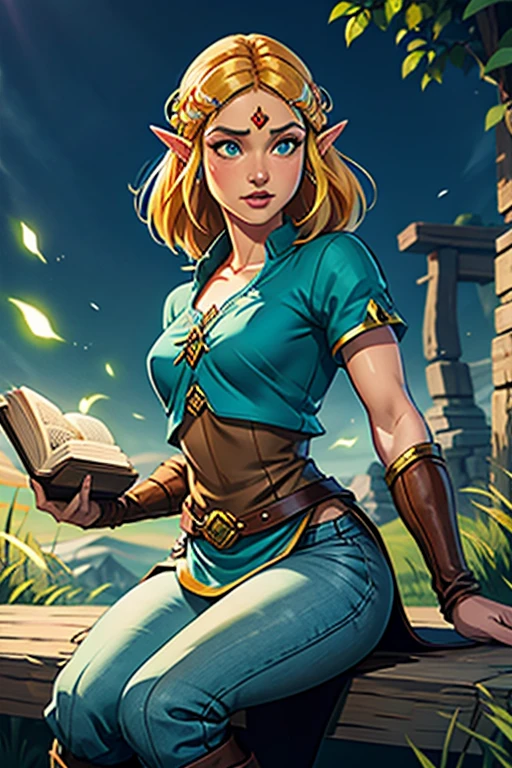 princess zelda, 1 garota, artist request, cinto, cabelo loiro, camisa azul, livro, Botas, inexpressivo, corpo todo, olhos verdes, high resolution, olhando para o espectador, Magia, nintendo, pants, Orelhas pontudas, camisa, cabelo curto, fundo simples, Sozinho, A Lenda de Zelda, A Lenda de Zelda: sopro da natureza, A Lenda de Zelda: Tears of the Kingdom, flor feita de luz, Magia