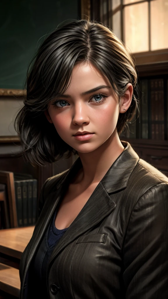 a girl with an expression of disgust, looking sideways, in a classroom, detailed facial features, beautiful eyes, exquisite portrait, oil painting, cinematic lighting, dramatic shadows, warm color tones, chiaroscuro, classical art style, high quality, 8k, photorealistic