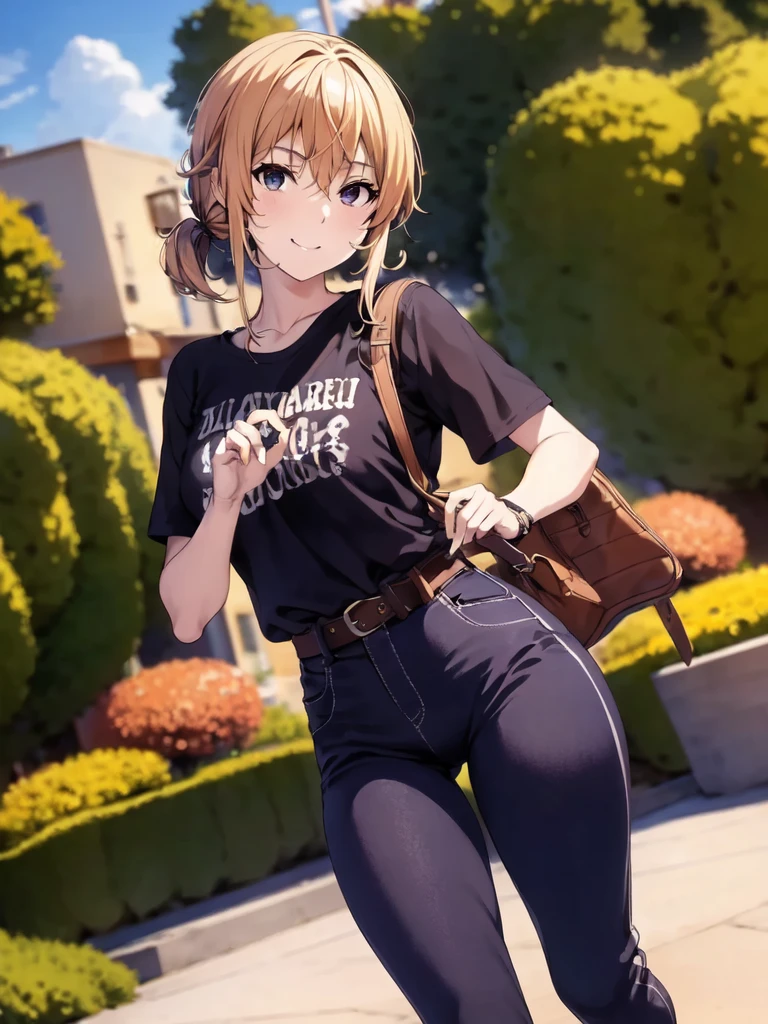 obra maestra, mejor calidad, high resolution, nakiri erina, pelo rubio, ojos morados, pelo largo, Pechos grandes, cool oversized t-shirt, media, escote, belt, pantalones vaqueros cortos, tiro de owboy, de pie, mirando al espectador, camino de la ciudad, exterior, modern camino de la ciudad, Rubor, shy, sonrisa, mostrar los dientes, pose sexy, pantalones cortos, chaqueta, hombro desnudo,
