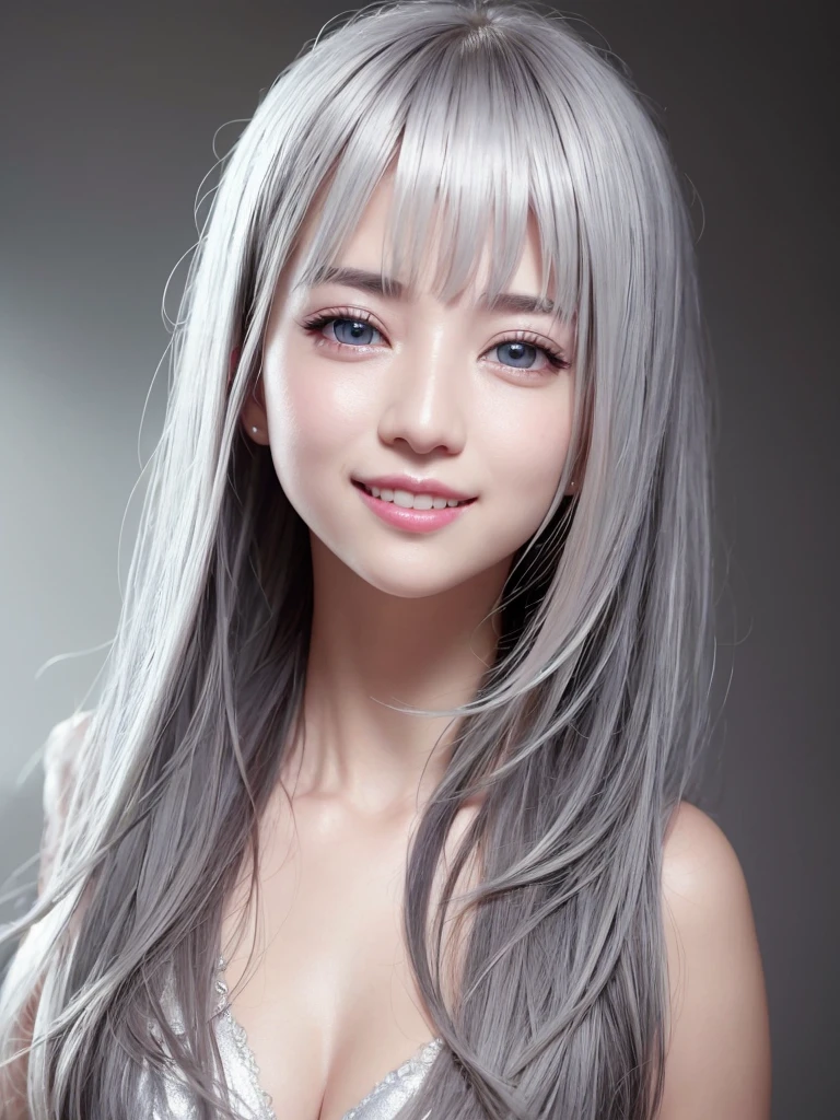 One girl ,(RAW Photos:1.2), ((Realistic:1.4),(masterpiece:1.3),(Highest quality:1.4),超High resolution,(Detailed facial features),(Detailed clothing features),High resolution,8K resolution, Focus Only, bangs, Fits perfectly to the skin, (Shiny skin),(Slender girl),dream-like, (Highly detailed illustration),Check the explanation,Clarification Request,scenery,No text, White cat ears, White cat tail, Gray Hair, Long Hair,bundle, Medium chest, dress, Ribbon Color, smile,(Gradient Background:1.2 )