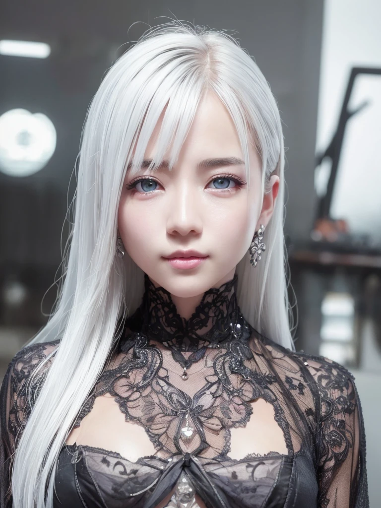 highest quality、8k Masterpiece、超A high resolution、(Photorealistic:1.3)、RAW Photos、1 girl、Silvery white hair、Glowing Skin、1. Super-beautiful Cyberpunk Soldiers、((Ultra-Realistic Details))、Portrait、Global Illumination、Shadow、Octane Rendering、8k、Super sharp、Beautiful breastetal、Cold colors、、Very intricate details、Realistic Light、CGSoation Trend、Beautiful Eyes、Shining Eyes、To the camera、Neon Details、smile、Super kind