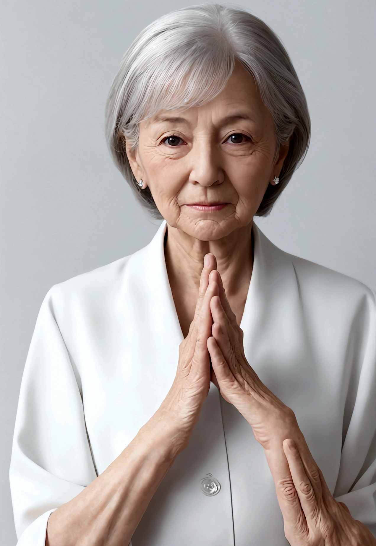 (((alone))), Older mature woman, Pure white background, gravure, Look forward, ((Center the screen)), Show both hands, Beautiful hands, Facing forward, Prevents finger crumbling