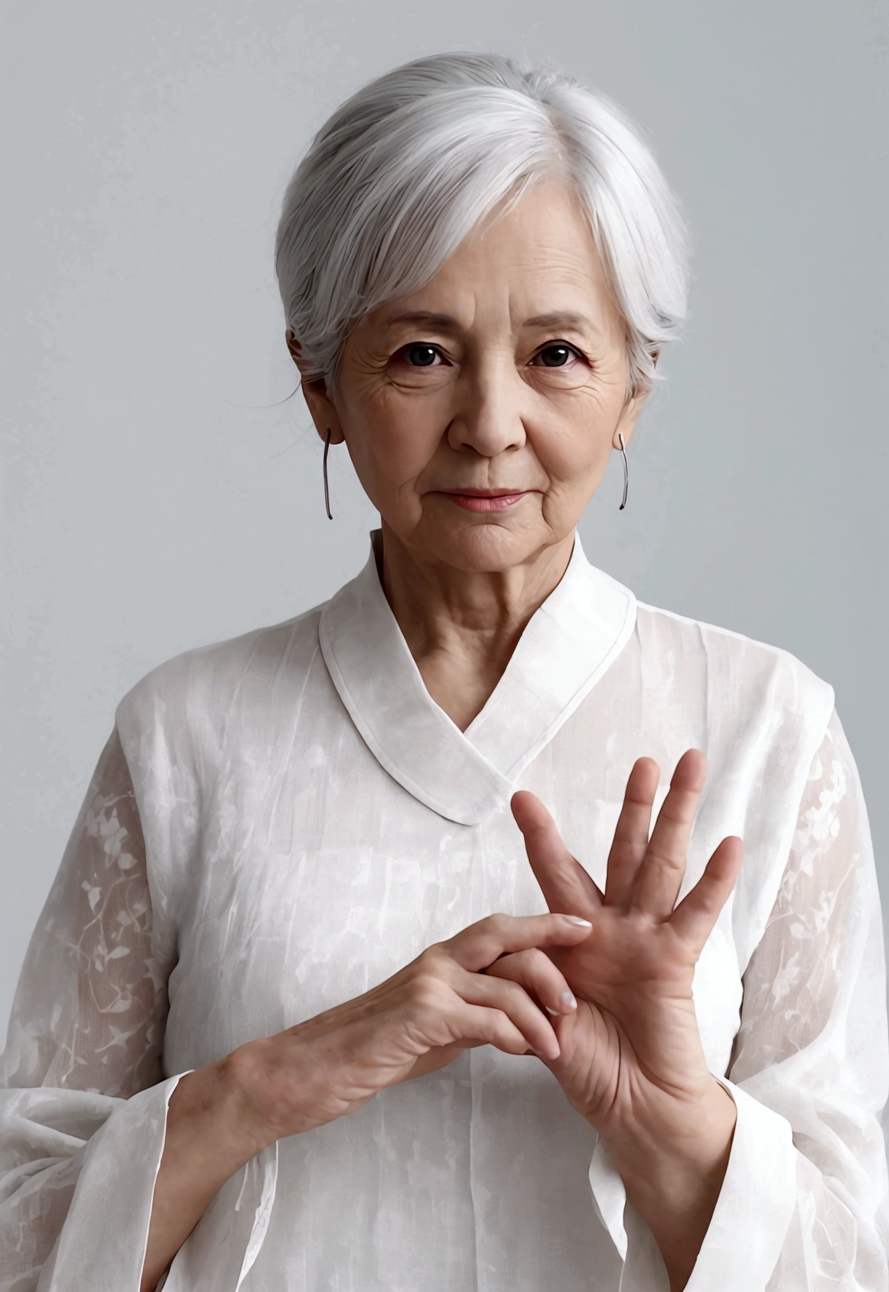 (((alone))), Older mature woman, Pure white background, gravure, Look forward, ((Center the screen)), Show both hands, Beautiful hands, Facing forward, Prevents finger crumbling