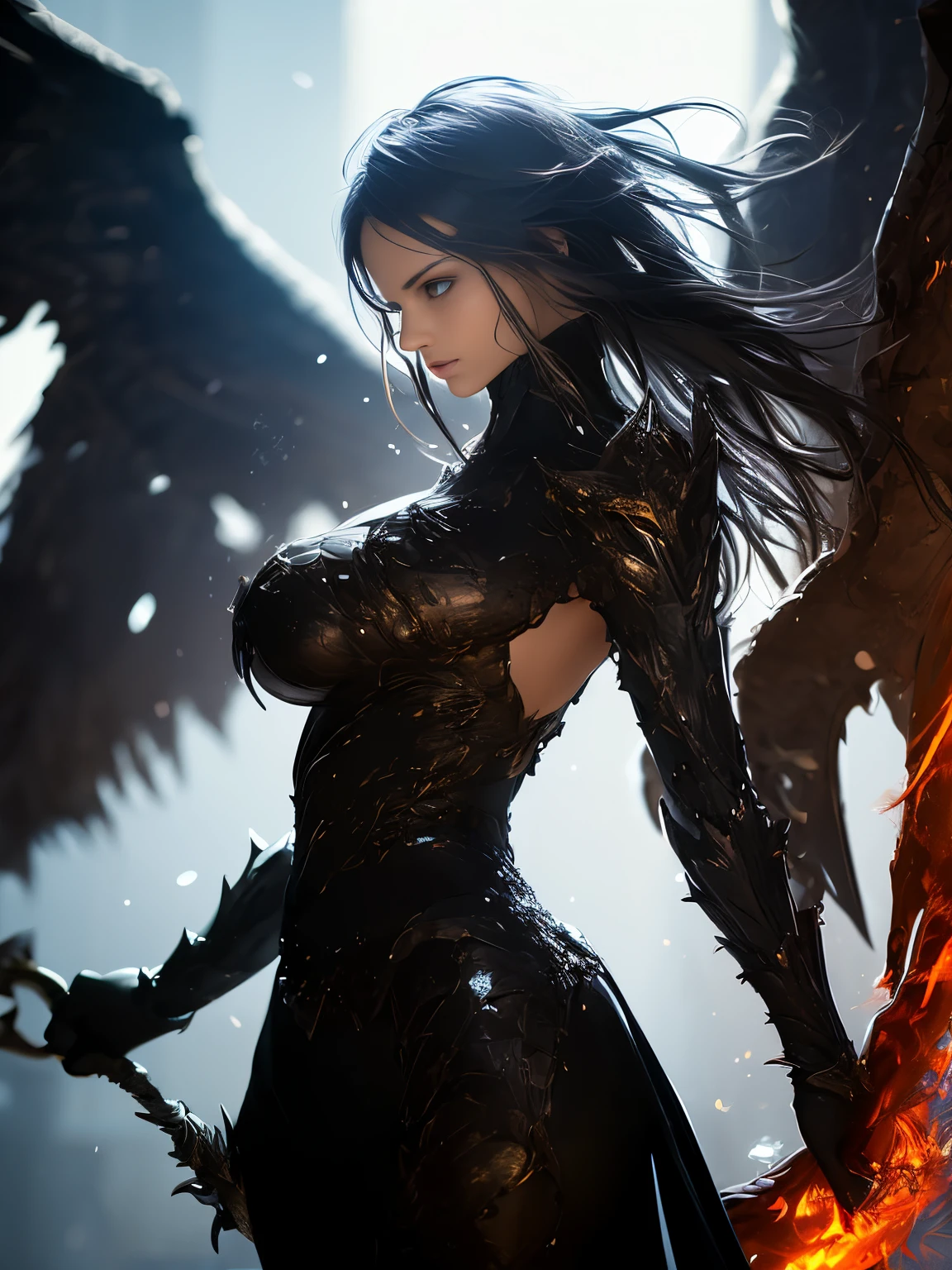 (8k, highest quality, masterpiece, final fantasy style: 1.2), (Realistic, photoRealistic: 1.37), Super detailed, One Girl, {dark knight with Excalibur imbued with light}, Wide viewing angles, huge firm bouncing bust, Very delicate depiction, Miniature painting, Detailed depiction of the face, Detailed depiction of hair, Accurate skeleton, Dress with intricate patterns, Complicated armor, long thick sword,dream-like,Ultra-realistic mixed fantasy world,A mix of realistic and fantastical elements,Magical Effects,(Magic circle on the ground, Casting a Spell, Swirling Magic, Light particles),Dynamic Light,red,fire, red fire eyes,elegant,Rays of Sin,dark,(dark magic), (strict), The battle between good and evil, (Swirling Flames:1),universe, lightning, eruption, magic circle, Complex patterns, (Phoenix:1.4), (huge mother crystal, huge flame:1.2)