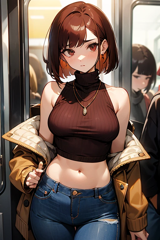 Reddish brown hair、Earrings、necklace、Sleeveless knitwear、Shoulder Bare、turtleneck、sexy、Cowboy Shot、In a crowded train、Disheveled clothing、Office casual fashion、The inner string is visible、Belly button、Asymmetrical design、Tight pants、Off-the-shoulder oversized jacket、Voluminous bob cut、High leg pants、jeans、jeans