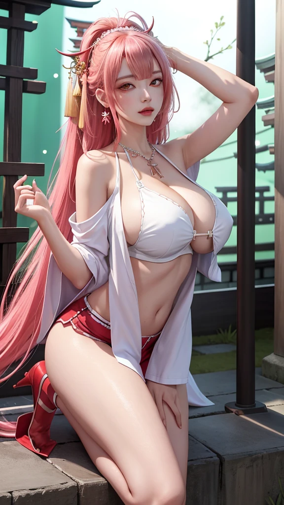 （masterpiece，need，1 Girl，Solitary，The details are complicated，Chromatic Aberration），lifelike，（（Moderate breathing）），Off-shoulder，Sexy highlighted，Yae Shrine Maiden，Pink long hair，red headdress，Red Highlight，hair above one eye，Eyes are red，ear nipple ring，Sharp eyes，Perfectly symmetrical graphics，Necklace，Neon shirt，open jacket，White背心，shorts，White，High heel，Against the wall，Brick Wall，doodle，dim dim lights，alley，Looking at the audience，（（average stripes，The cleavage is very attractive， enchanting）），（（（Sakura background))),(((Japanese temple background))), (((Luminous background)))Punk girl has a very slim figure:1.3),Huge breasts:1.4 Huge breasts:1.4，full, Firm breasts，Showing cleavage，Nipple protrusion，Belly button full breasts, Large Breasts, Slender sexy legs， Put your hands behind your head((Clear nipples))、Rocket , (Large Breasts),（because I&#39;Thin）