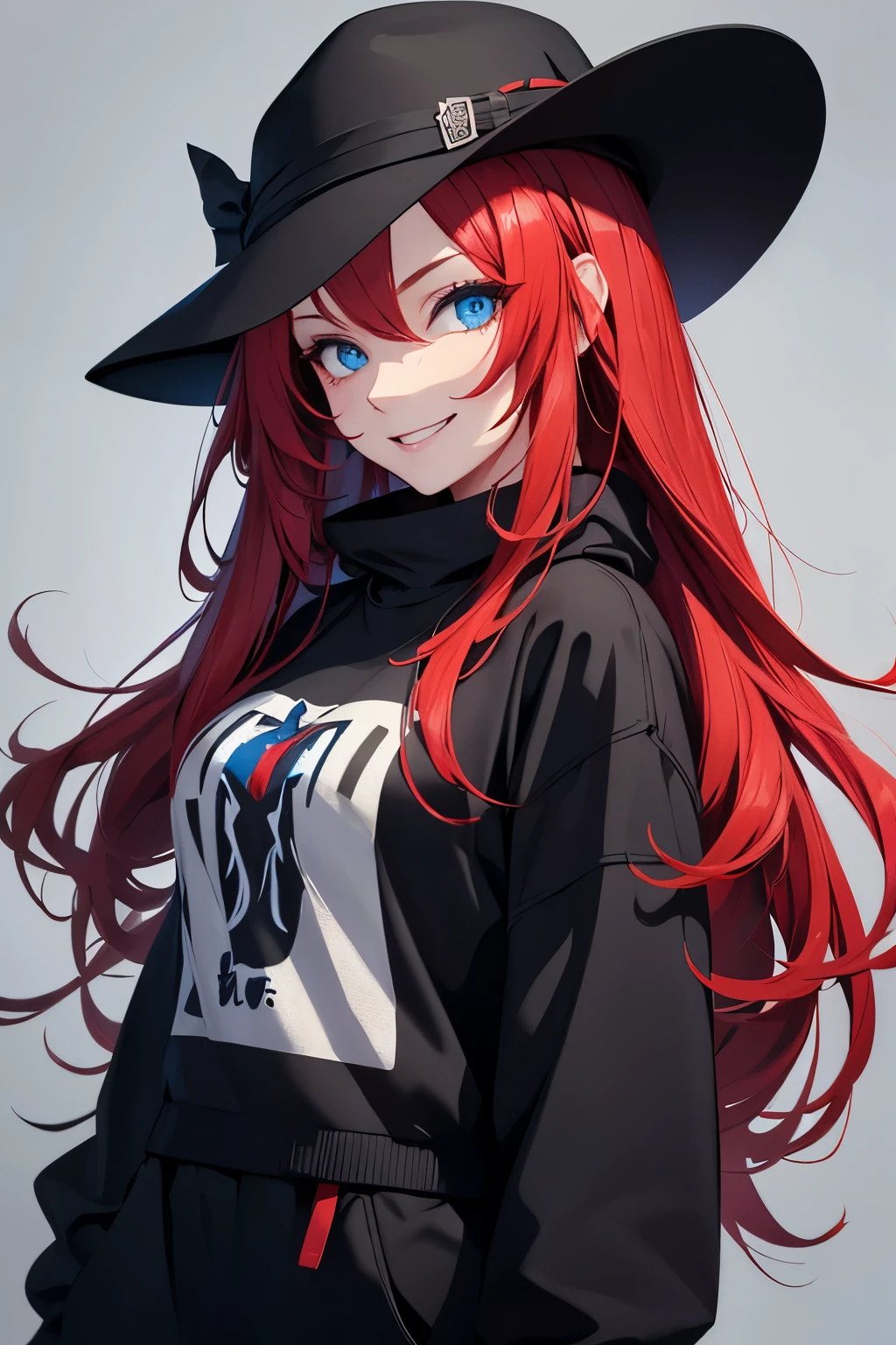 make a beautiful woman with medium long hair, red hair, blue eyes, her clothes are a black and blue sweatshirt, she wears a hat of the same color, and she is smiling, the background of the scene is painted with paint.