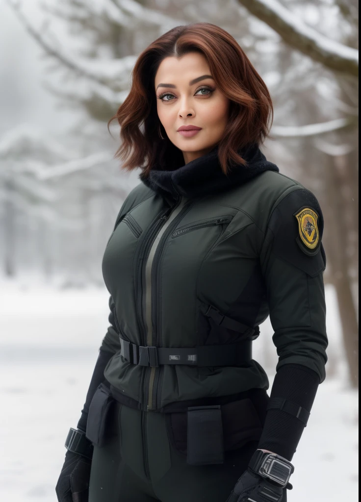 49yo MATURE MILF AISHWARYA RAI, (photorealistic), beautiful lighting, best quality, realistic, full body portrait, real picture, intricate details, depth of field, 49-years-old, in a cold snowstorm, a wings, A very sexy hourglass solider girl with haircut, wearing black military fatigues, huge cleavage show, combat gloves, (magazin pouches), (kneepads), highly-detailed, perfect face, hazel eyes, lips, wide hips, small waist, tall, make up, tacticool, Fujifilm XT3, outdoors, bright day, Beautiful lighting, RAW photo, 8k uhd, film grain, ((bokeh))