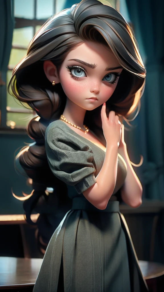 a girl with a hateful glare, looking sideways, in a classroom, beautiful detailed eyes, beautiful detailed lips, extremely detailed eyes and face, long eyelashes, 1girl, digital art, oil painting, hyperrealistic, 8k, high resolution, photorealistic, cinematic lighting, dramatic lighting, moody, dark, brooding, cold colors, cool tones