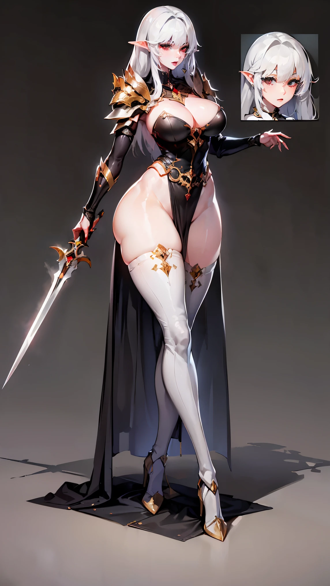 (masterpiece, best quality, perfect face, (beautiful and aesthetic:1.2), extremely detailed, highest detailed face), (beautiful dark elf warrior,matute female, (messy white hair:1.4), (red eyes:1.2), (flawless pale skin:1.3), (gray skin color:1.6), fake breasts, (narrow waist), (thicc thighs), wide hips, long legs, (slender body:1.2), ((wields enchanted daggers:1.2)), ((very skimpy outfit)), ((pin-up pose)),, ((dark fantasy background)), (high quality, hyperrealistic, CG, unity, 4k),
