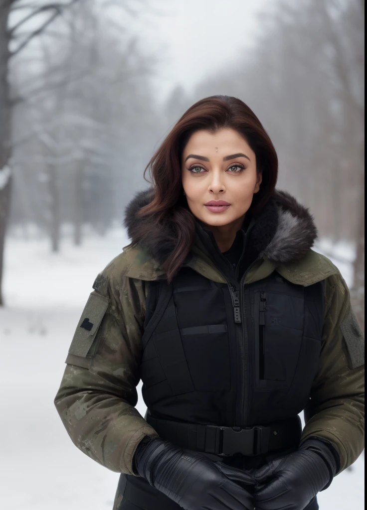 49yo MATURE MILF AISHWARYA RAI, (photorealistic), beautiful lighting, best quality, realistic, full body portrait, real picture, intricate details, depth of field, 49-years-old, in a cold snowstorm, a wings, A very sexy hourglass solider girl with haircut, wearing black military fatigues, huge cleavage show, combat gloves, (magazin pouches), (kneepads), highly-detailed, perfect face, hazel eyes, lips, wide hips, small waist, tall, make up, tacticool, Fujifilm XT3, outdoors, bright day, Beautiful lighting, RAW photo, 8k uhd, film grain, ((bokeh))