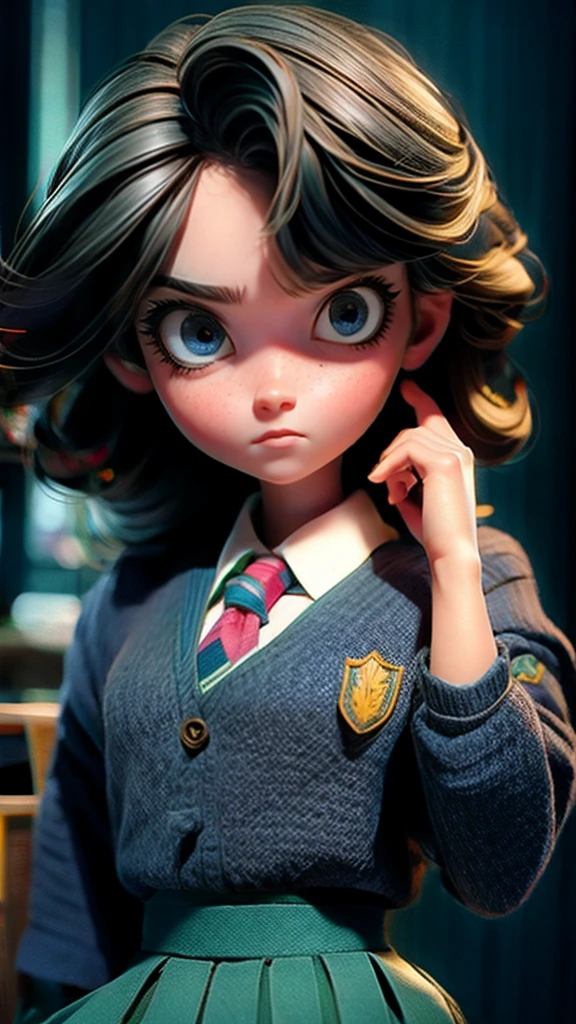 a girl in a classroom, looking sideways with a hateful gaze, beautiful detailed eyes, beautiful detailed lips, extremely detailed eyes and face, long eyelashes, school uniform, angry expression, dramatic lighting, cool color palette, cinematic composition, highly detailed, 8k, photorealistic, masterpiece