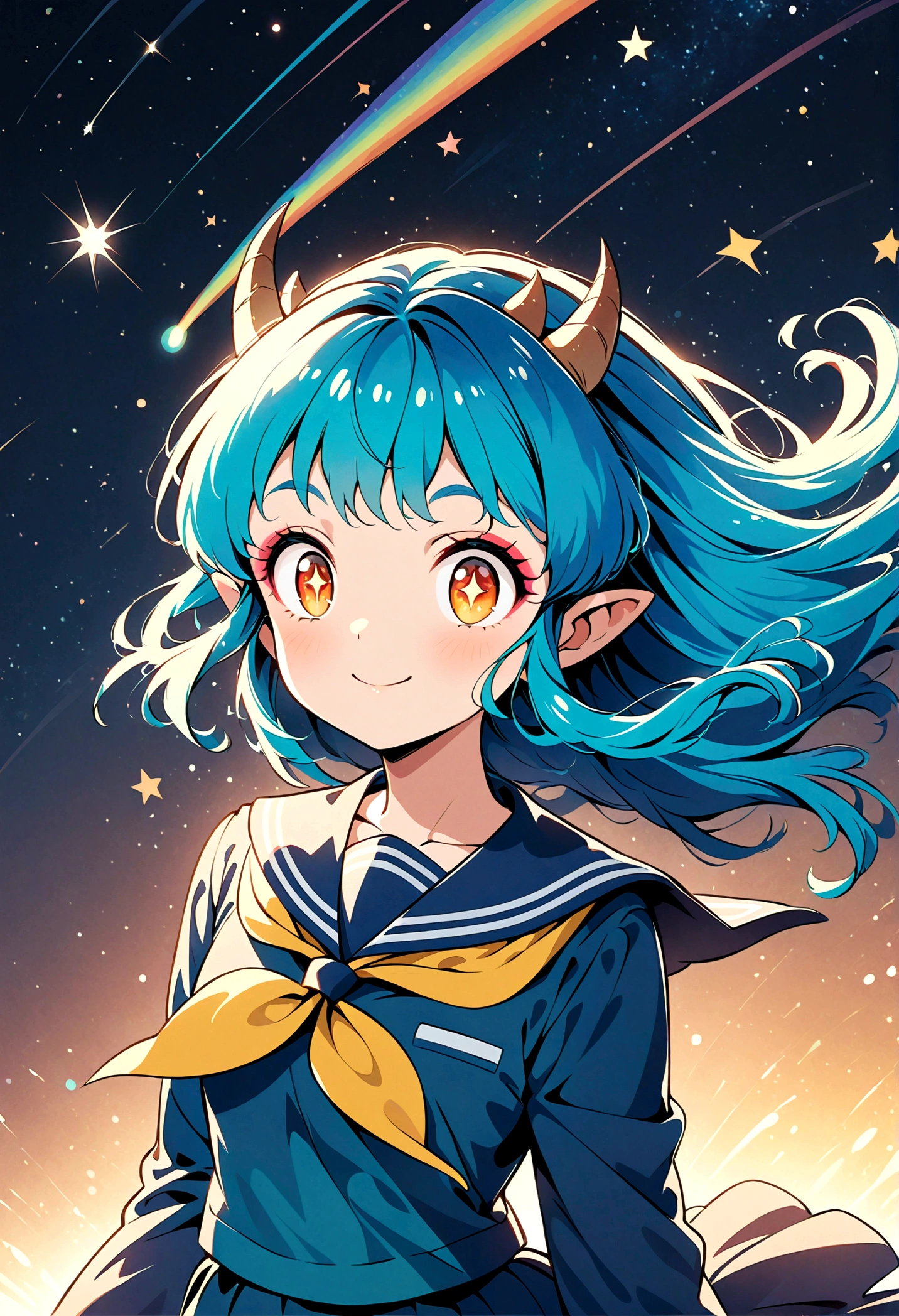 takahashi rumiko style,(1 girl,Lum,long hair,bangs,blue hair,orange eyes,horns,pointy ears,aqua hair,oni horns,(eyeshadow),(shirt,long sleeves,sailor suit,sailor collar,neckerchief,yellow neckerchief,blue shirt,blue sailor collar,blue skirt),the character Lum from "Urusei Yatsura",girly,bright smile,fine,Lum is floating in the air,jump,Bright and cheerful atmosphere,BREAK,(Creates a POP illustration style background,Background elements such as space or a starry sky,Outer space with the moon and stars floating in it,rich colors,colorful,shooting star,draw with thick lines,Sparkling,unbelievably absurd,zentangle elements,vector art),beautiful light and shadow,BREAK,(masterpiece:1.3),(highest quality:1.4),(ultra detailed:1.5),High resolution,extremely detailed,unity 8k wallpaper,(complicated details),absurdity,(Glitter),anatomically correct,cute,sparkling eyes