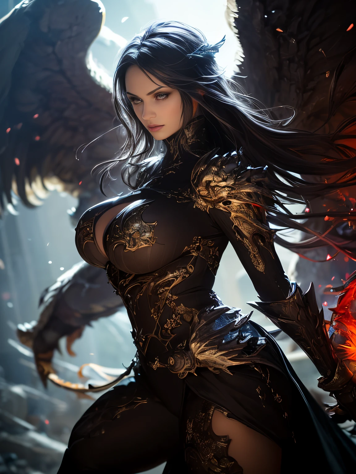 (8k, highest quality, masterpiece, final fantasy style: 1.2), (Realistic, photoRealistic: 1.37), Super detailed, One Girl, {dark knight with thick long sword imbued with light}, Wide viewing angles, huge firm bouncing bust, Very delicate depiction, Miniature painting, Detailed depiction of the face, Detailed depiction of hair, Accurate skeleton, Dress with intricate patterns, Complicated armor, long thick sword,dream-like,Ultra-realistic mixed fantasy world,A mix of realistic and fantastical elements,Magical Effects,(Magic circle on the ground, Casting a Spell, Swirling Magic, Light particles),Dynamic Light,red,fire, red fire eyes,elegant,Rays of Sin,dark,(dark magic), (strict), The battle between good and evil, (Swirling Flames:1),universe, lightning, eruption, magic circle, Complex patterns, (Phoenix:1.4), (huge mother crystal, huge flame:1.2)