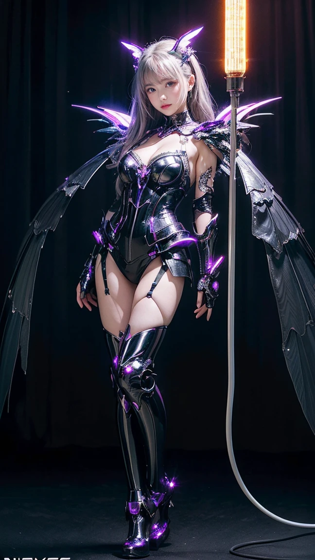 (((Full Body Shot)))、(((Full Body Shot)))、(((Full Body Shot)))、highest quality、masterpiece、High resolution、(Photorealistic:1.4)、RAW Photos、Battle Cyborg Angel、Big metal wings、White porcelain body、Acrylic clear cover、Gray Hair、Glowing Skin、1 Cyborg Girl、beautiful girl、 ((Ultra-Realistic Details))、Global Illumination、Shadow、Octane Rendering、8k、Ultra Sharp、Character edge light,Big Breasts、Raw skin exposed by cleavage、Intricate decorative detailore about Gothic Lolita、Hydraulic cylinder、 ((Small LED Lamp))、Very intricate details、Realistic Light、Purple eyes、Shining Eyes、(Neon Details)、Futuristic headgear、About Cyberpunk.