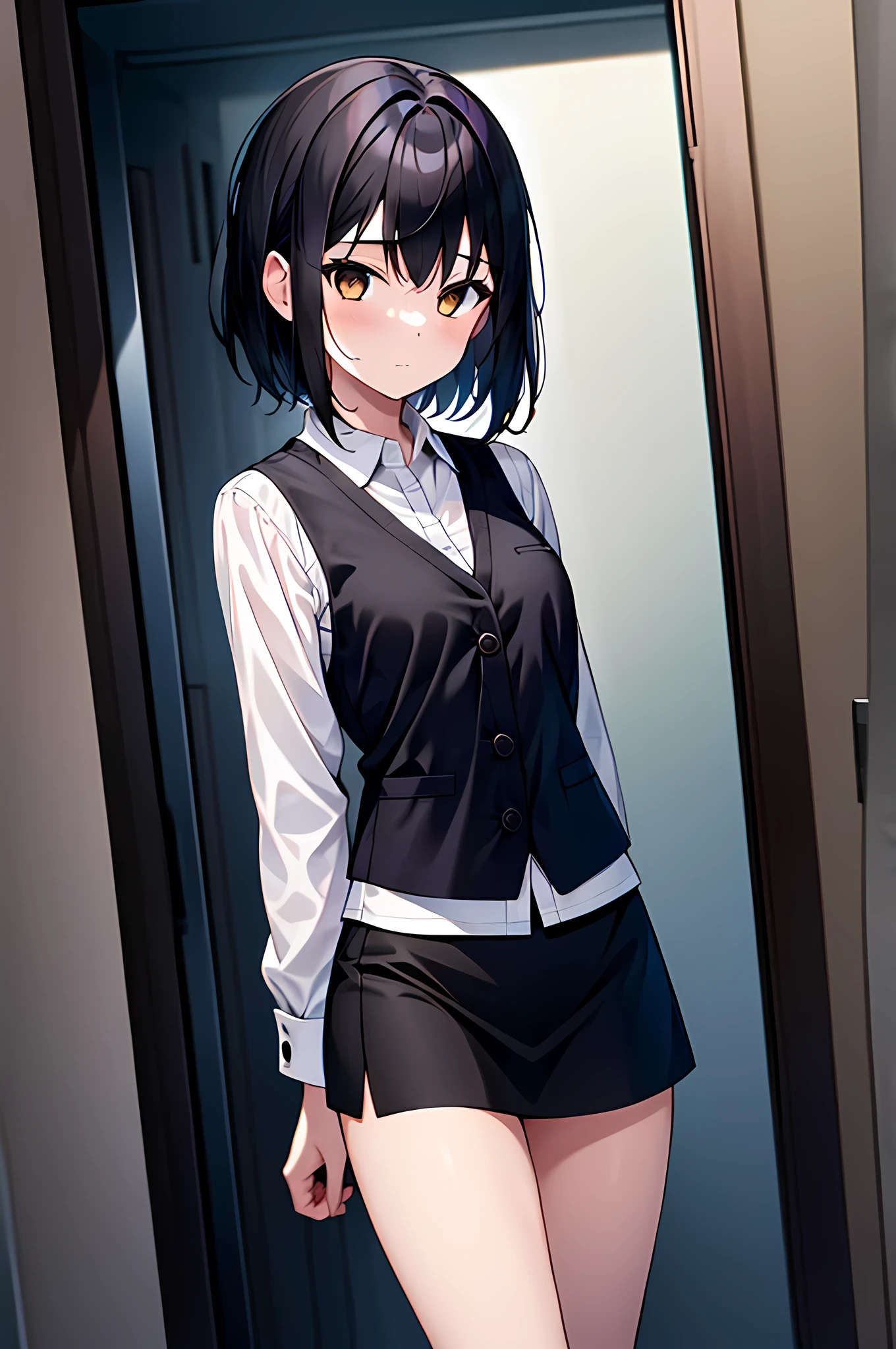 Masterpiece, 1girl, solo, female, black hair, white shirt, black skirt, black vests, short hair, brown eyes, perfect body, cowboy shot's, standing, perfect arms, perfect leg