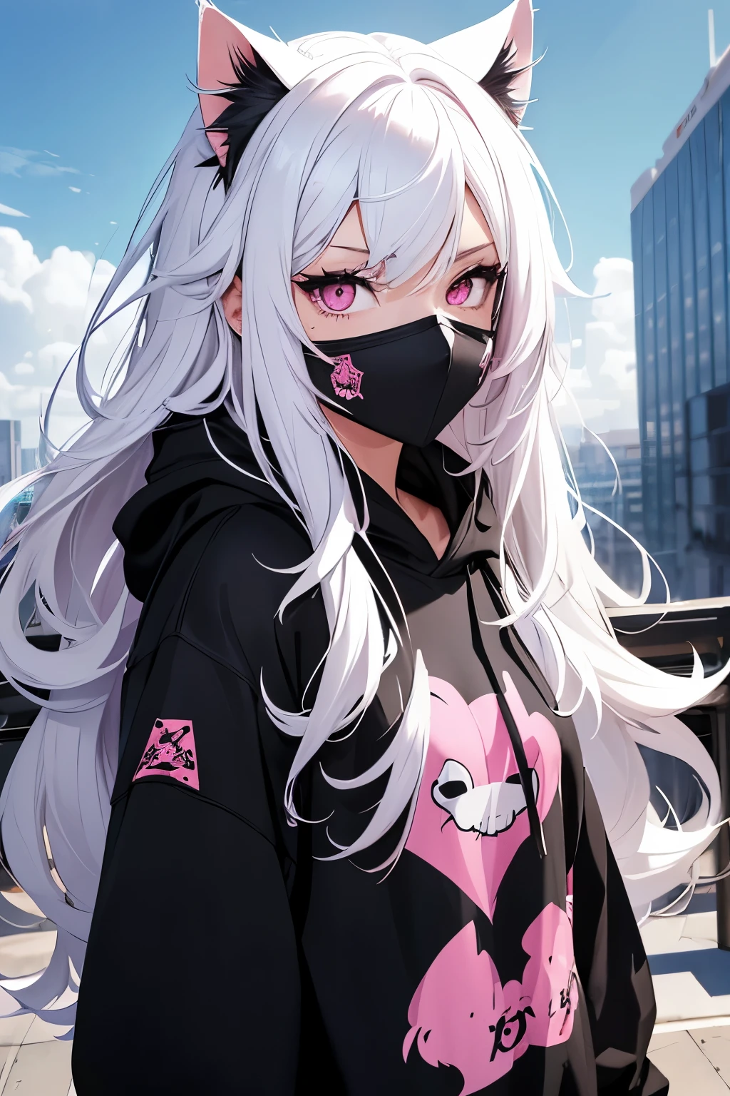 beautiful woman, white hair, long hair, cat ears, wears a black mask on her face, pink eyes, her clothes are an open hoodie, with a black t-shirt, the hoodie is white with drawings in red, scenery and a beautiful clear sky