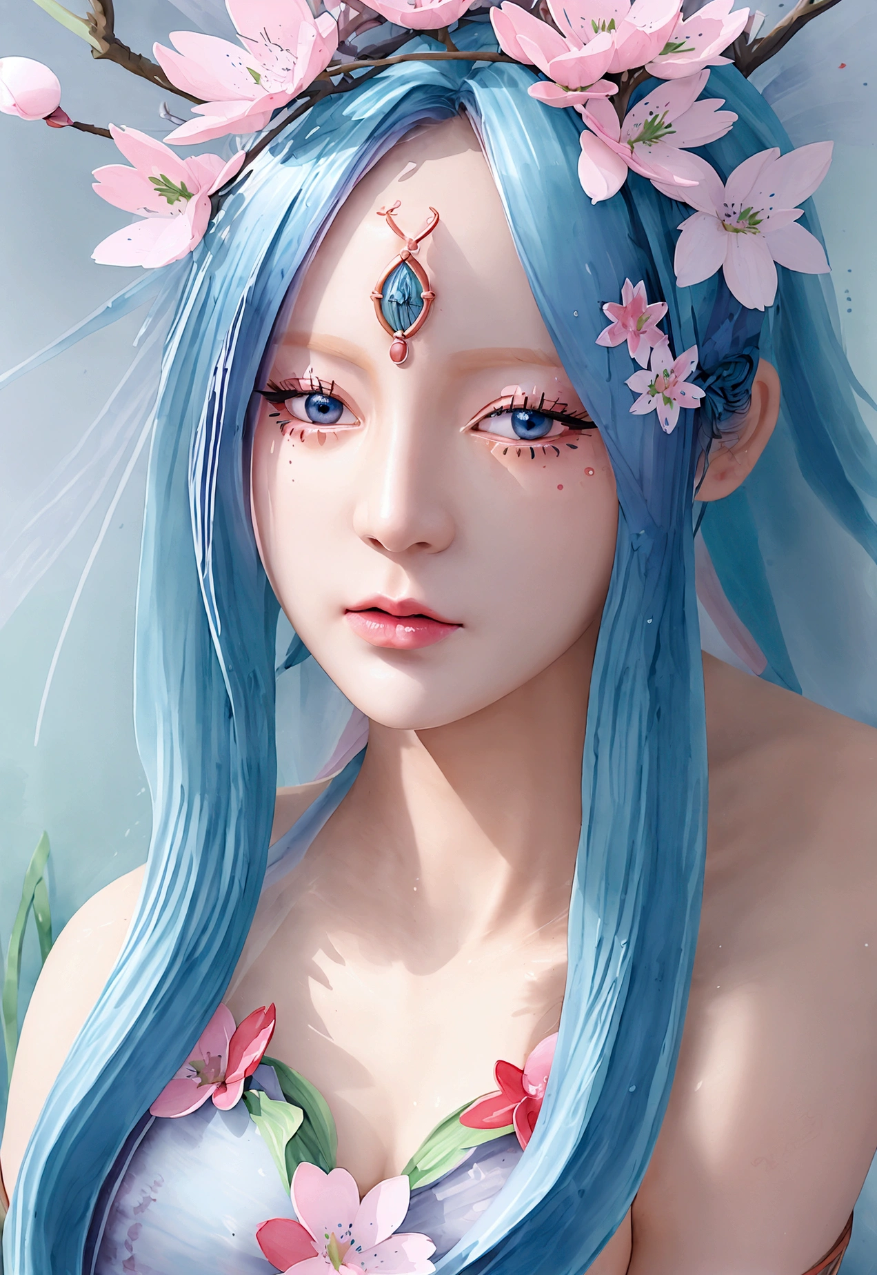 (best quality),(masterpiece:1.2), (rich and colorful:0.9), (Splash ink),(splash of color),((watercolor)), Sharp focus, Model photo,, (Spring Goddess Portrait:1.5), Cute expression,Elegant blue hair, Beautiful and delicate face and eyes, Elegant goddess clothing, Spring forest background,, Colored Water