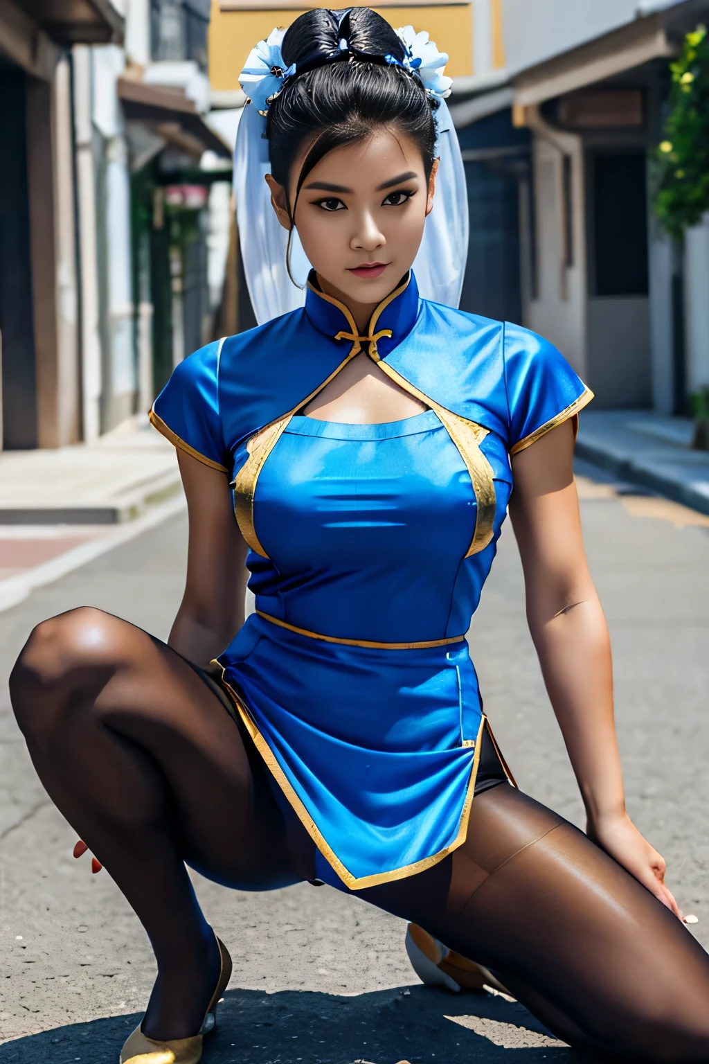 《Street Fight II》Chunli, Perfect Chunli Costume, Blue and gold Chinese dress, Bunhead, Good cover, Combat Stance, High kick, kick、Please put your feet up, 1 beautiful girl、Beautiful Eyes、Detailed eyes, (reality: 1.4), Light、so beautiful、Beautiful Skin、Detailed skin, Turn your body forward、(Ultra-realistic)、(8k)、(Very detailed)、(Beautiful Eyes)、(Very detailed)、 (wall-)、Delicate face、Bright Light、Professional Lighting、direct view、Perfect Face, Perfect brown eyes with white sclera, Bad move - 5, Lonely, 1 girl, Upper Body, Brown Hair, From SF2, Muscular woman, Blue clothes, pantyhose, Pelvic Curtain, Short sleeve, Good cover, evaluate: The line of sight is this、masterpiece, 最high quality, high quality, High resolution, Big Tits, 