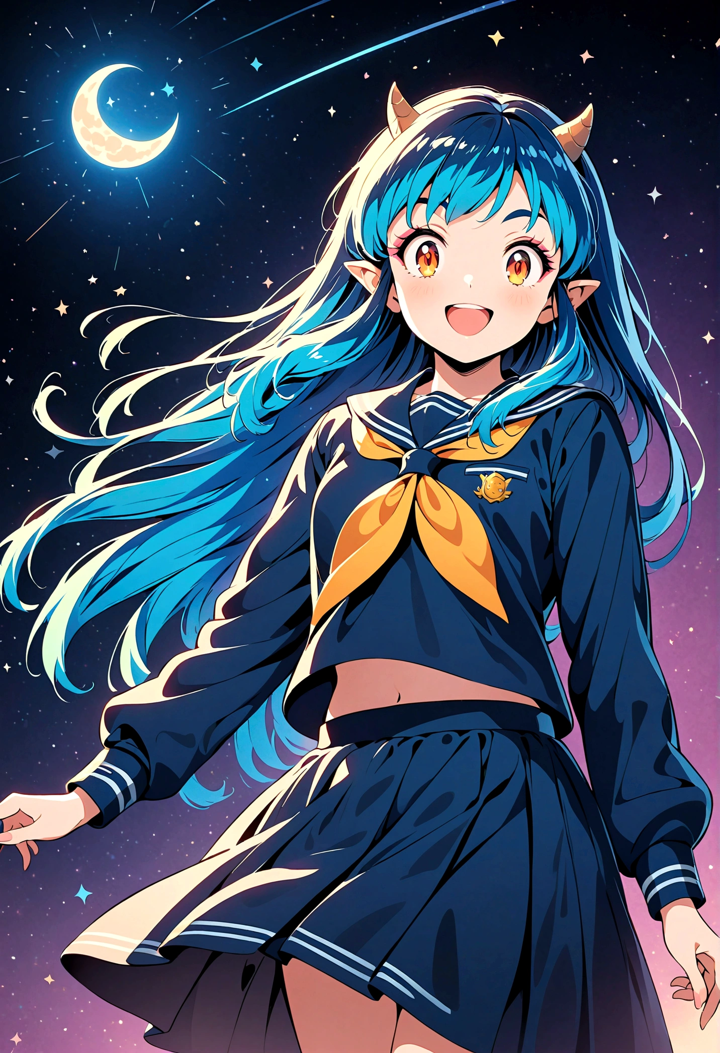 takahashi rumiko style,(1 girl,Lum,long hair,bangs,blue hair,orange eyes,horns,pointy ears,aqua hair,oni horns,(eyeshadow),(shirt,long sleeves,sailor suit,sailor collar,neckerchief,yellow neckerchief,blue shirt,blue sailor collar,blue skirt),the character Lum from "Urusei Yatsura",girly,bright smile,fine,Lum is floating in the air,jump,Bright and cheerful atmosphere,BREAK,(Creates a POP illustration style background,Background elements such as space or a starry sky,Outer space with the moon and stars floating in it,rich colors,colorful,(shooting star),draw with thick lines,Sparkling,unbelievably absurd,zentangle elements,vector art),beautiful light and shadow,BREAK,(masterpiece:1.3),(highest quality:1.4),(ultra detailed:1.5),High resolution,extremely detailed,unity 8k wallpaper,(complicated details),absurdity,(Glitter),anatomically correct,cute