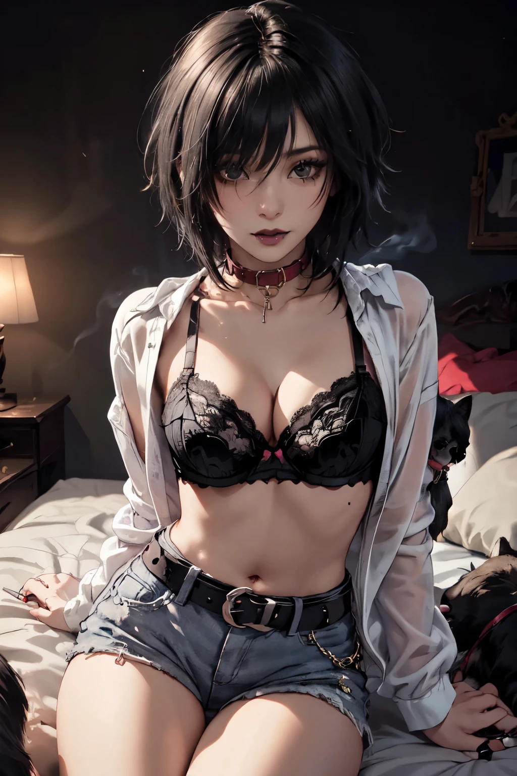 1Girl, woman, emo_hairstyle, black lipstick, dog collar, eyeliner, eye shadow, smoky eyes, realistic lighting, short hair, thighs, open clothes, cleavage, belt, bra, bedroom.
