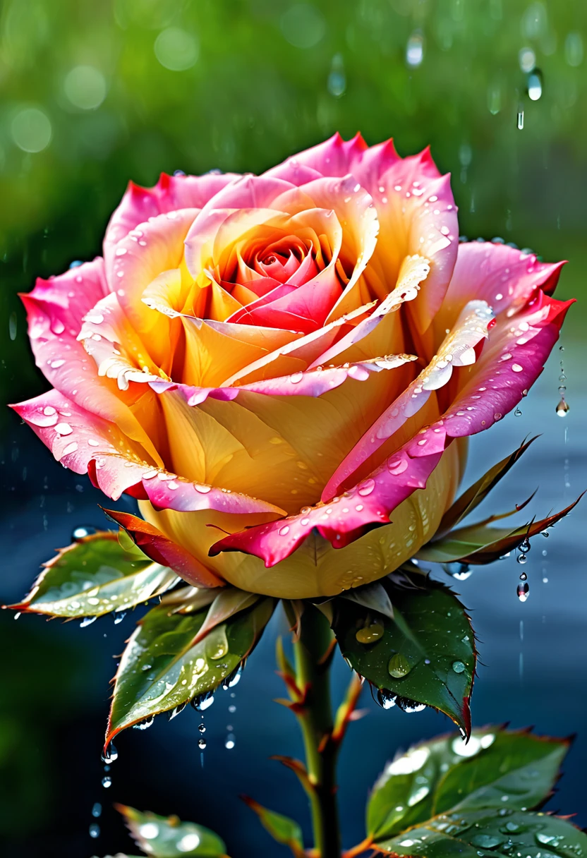  An enchanting psychodelic close-up of a rosebud after a refreshing rain shower, vivid and vibrant petals adorned with crystal-clear water droplets, each drop reflecting the surrounding light, highlighting the delicate texture and the intensity of colors, Photography, prime lens 

