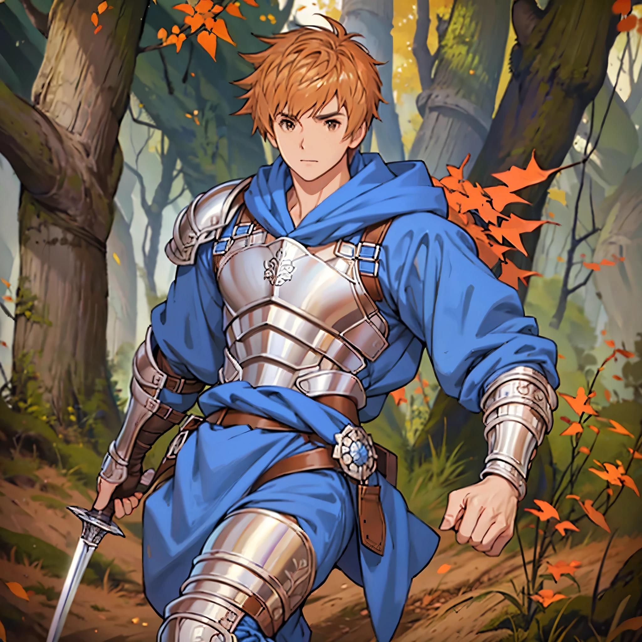 A man with caramel hair, long-sleeved blue shirt, silver bracelet, silver chestplate, silver body armor, silver metal boots, brown pants, brown eyes, holding a metal sword, walking in a medieval forest in autumn weather, blue sky,,(solo woman),flower, UHD, masterpiece, accurate, anatomically correct, textured skin, super detail, high quality, best quality, 8k, high resolution, bokeh effect.
