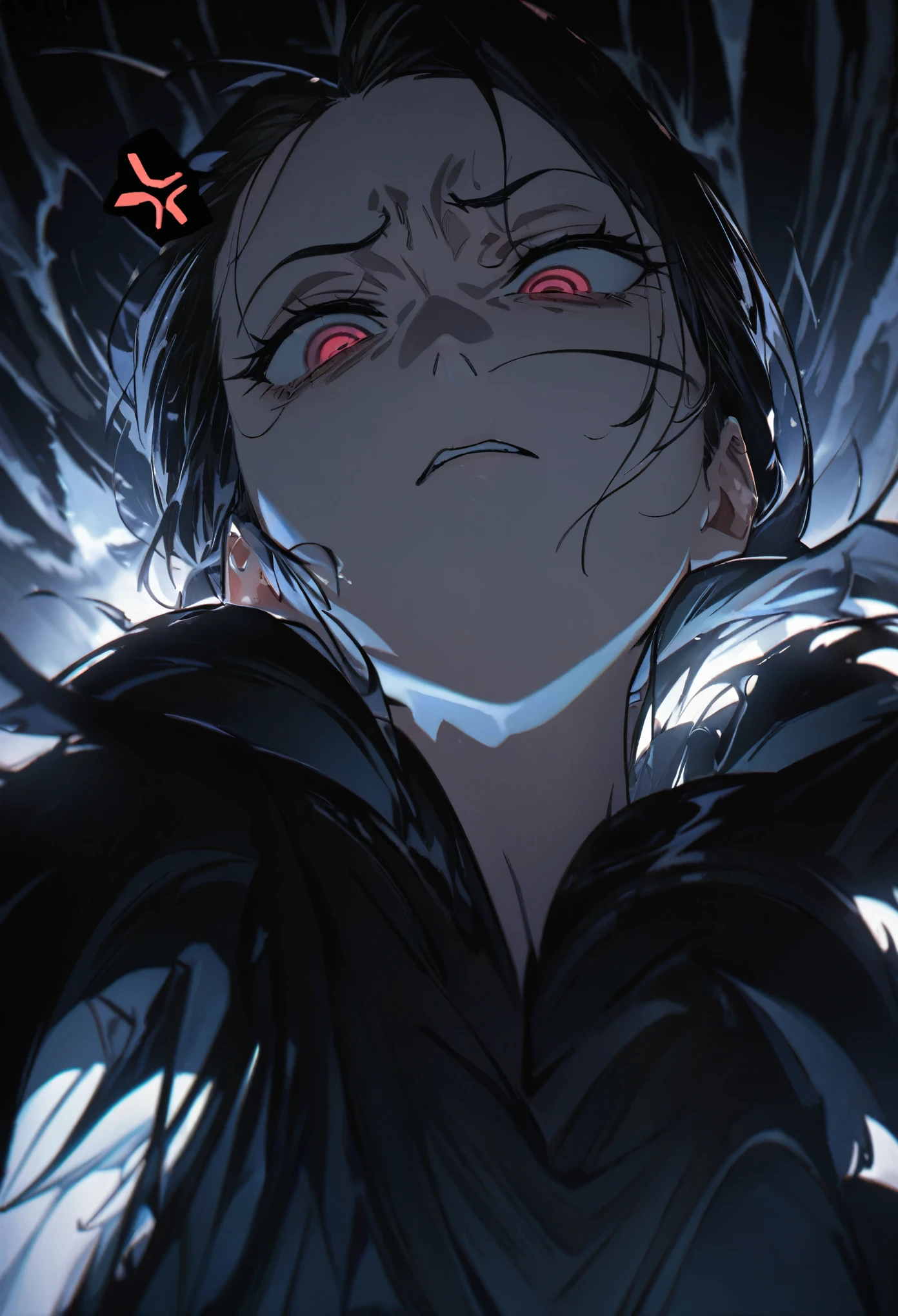 from below, face focus portrait, look down, best quality, super fine, 16k, 2.5D, delicate and dynamic, standing beautiful lady, cold stare of disgust, look of scorn and contempt, anger, unpleasant expression, dark atmosphere effect