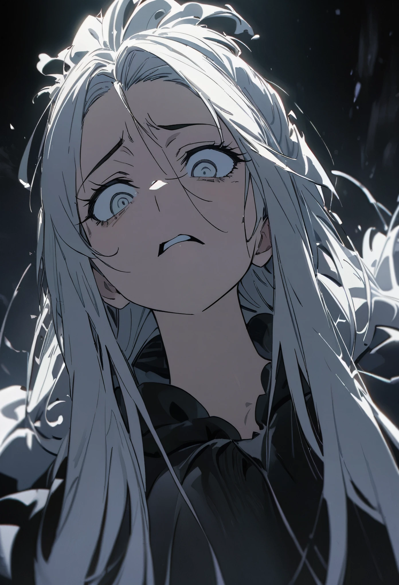 from below, face focus portrait, look down, best quality, super fine, 16k, 2.5D, delicate and dynamic, standing beautiful lady, cold stare of disgust, look of scorn and contempt, anger, unpleasant expression, dark atmosphere effect
