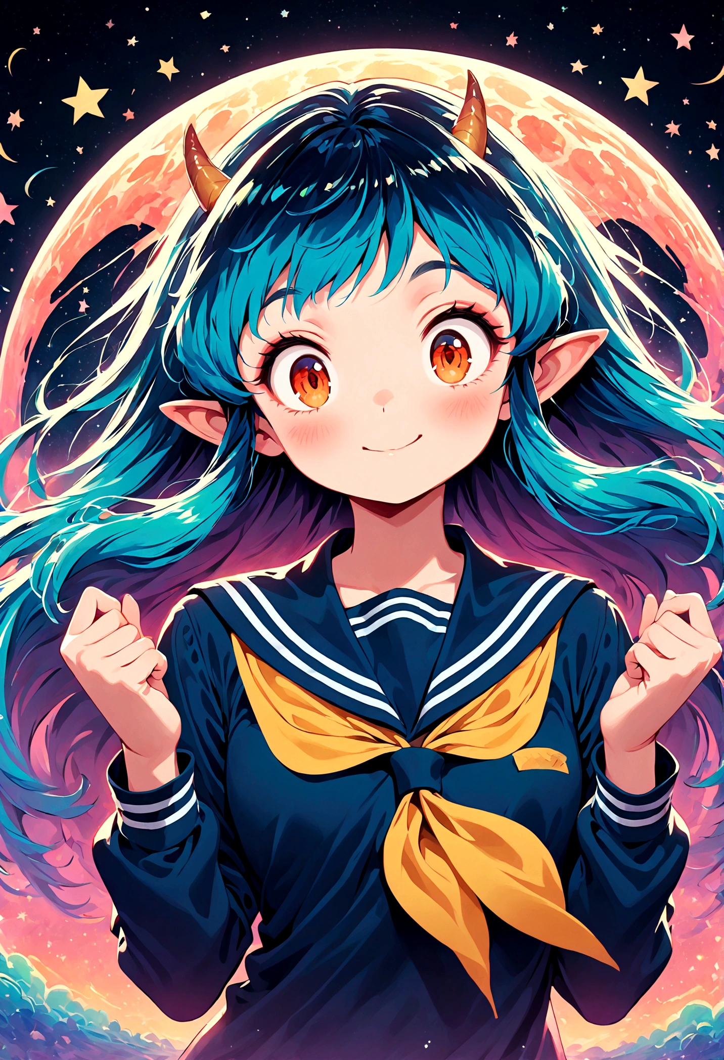 takahashi rumiko style,(1 girl,Lum,long hair,bangs,blue hair,orange eyes,horns,pointy ears,aqua hair,oni horns,(eyeshadow),(shirt,long sleeves,sailor suit,sailor collar,neckerchief,yellow neckerchief,blue shirt,blue sailor collar,blue skirt),the character Lum from "Urusei Yatsura",girly,bright smile,fine,Lum is floating in the air,(Jump:1.3),Bright and cheerful atmosphere,BREAK,(Creates a POP illustration style background,Background elements such as space or a starry sky,Outer space with the moon and stars floating in it,rich colors,colorful,(shooting star),draw with thick lines,Sparkling,unbelievably absurd,zentangle elements,vector art),beautiful light and shadow,BREAK,(masterpiece:1.3),(highest quality:1.4),(ultra detailed:1.5),High resolution,extremely detailed,unity 8k wallpaper,(complicated details),absurdity,(Glitter),anatomically correct,cute