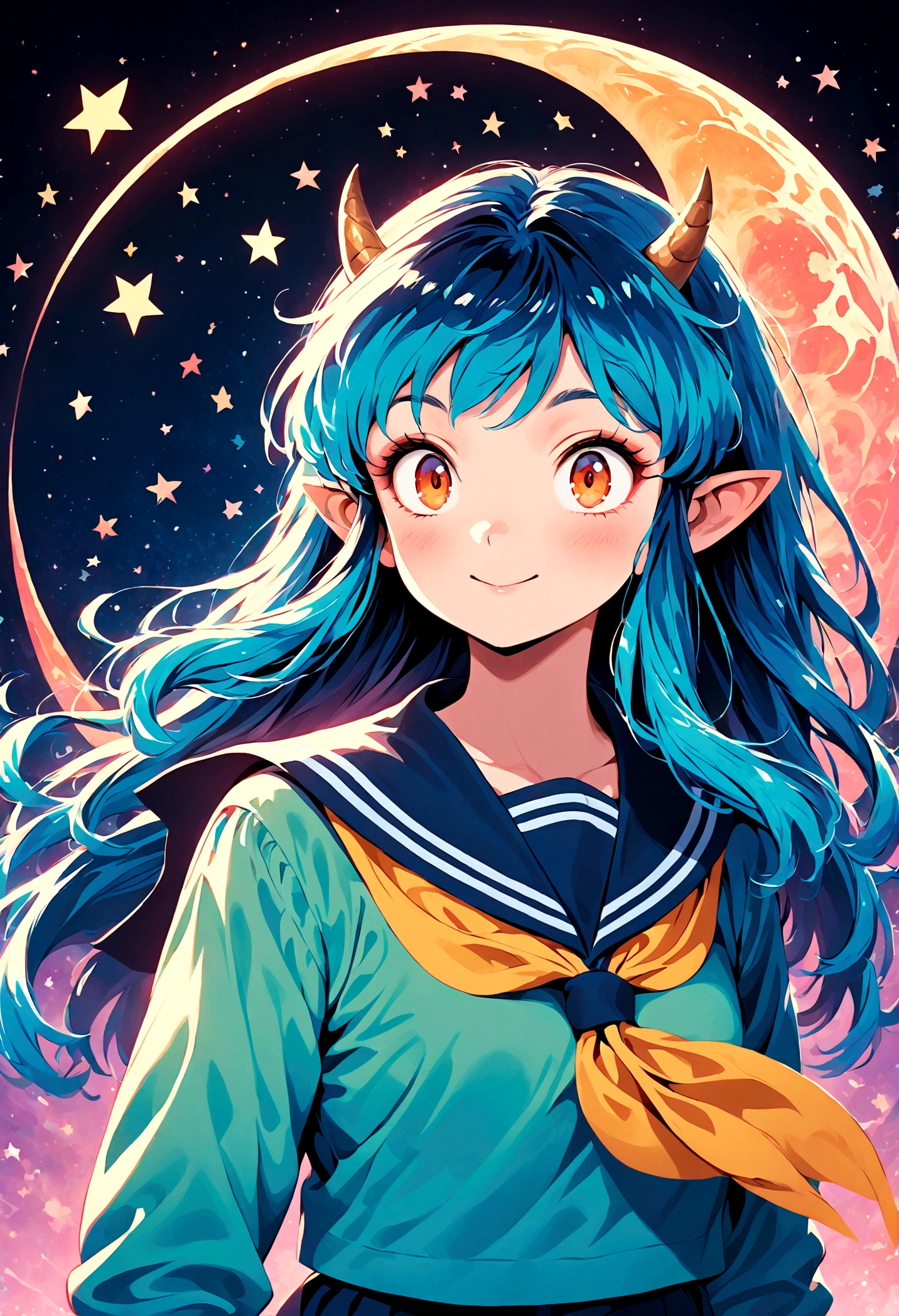 takahashi rumiko style,(1 girl,Lum,long hair,bangs,blue hair,orange eyes,horns,pointy ears,aqua hair,oni horns,(eyeshadow),(shirt,long sleeves,sailor suit,sailor collar,neckerchief,yellow neckerchief,blue shirt,blue sailor collar,blue skirt),the character Lum from "Urusei Yatsura",girly,bright smile,fine,Lum is floating in the air,(Jump:1.3),Bright and cheerful atmosphere,BREAK,(Creates a POP illustration style background,Background elements such as space or a starry sky,Outer space with the moon and stars floating in it,rich colors,colorful,(shooting star),draw with thick lines,Sparkling,unbelievably absurd,zentangle elements,vector art),beautiful light and shadow,BREAK,(masterpiece:1.3),(highest quality:1.4),(ultra detailed:1.5),High resolution,extremely detailed,unity 8k wallpaper,(complicated details),absurdity,(Glitter),anatomically correct,cute