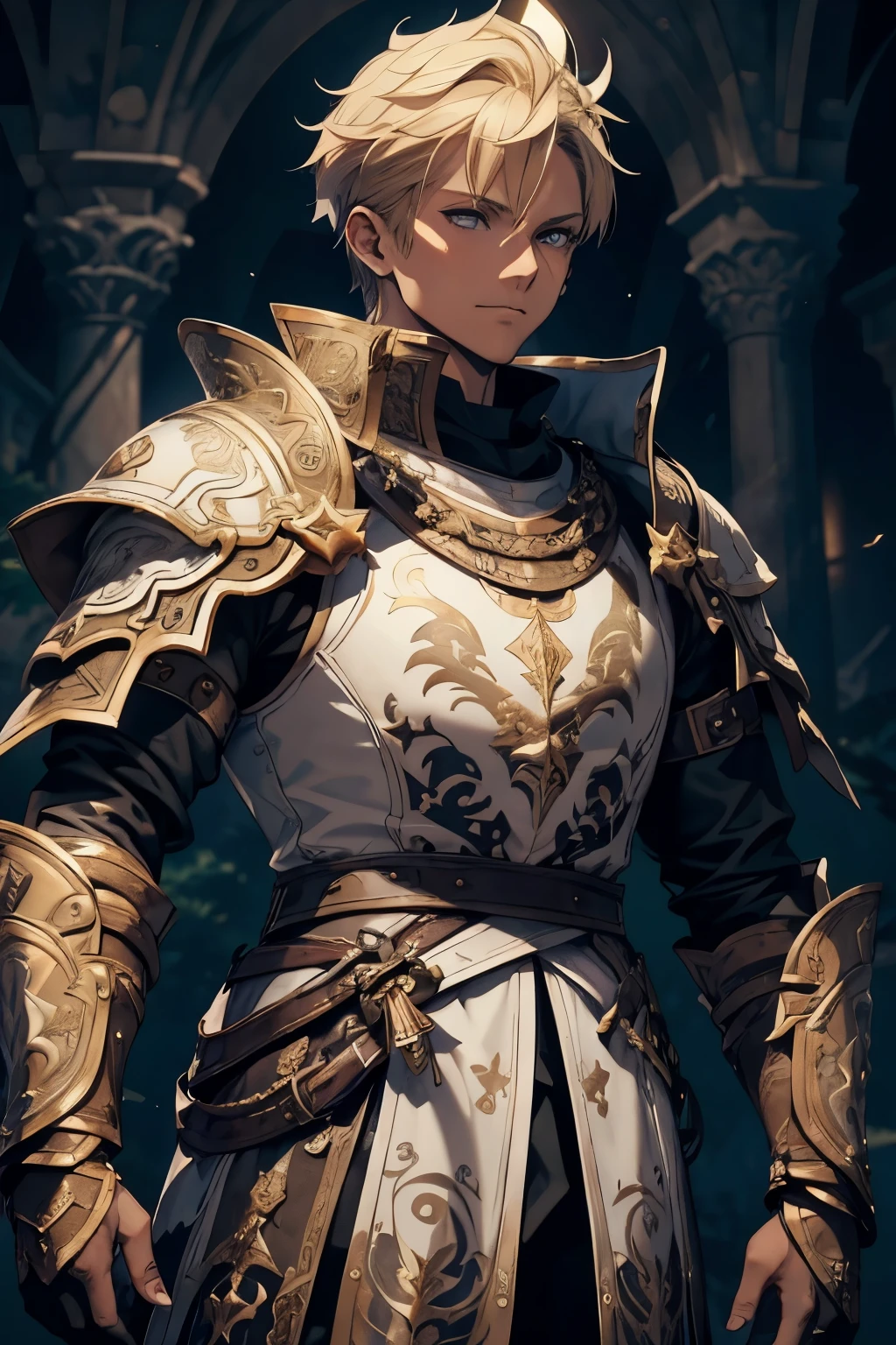white man, blond hair, brown eyes, short hair, with white clothes, on top of the white clothes he wears armor decorated in black, on both arms he has bracelets decorated in black, he wears a white cape, the cape has a drawing of a dragon in the middle in black, on the edges of the cover there is a black outline, the cover covers both shoulders, scenery and the night sky with stars.