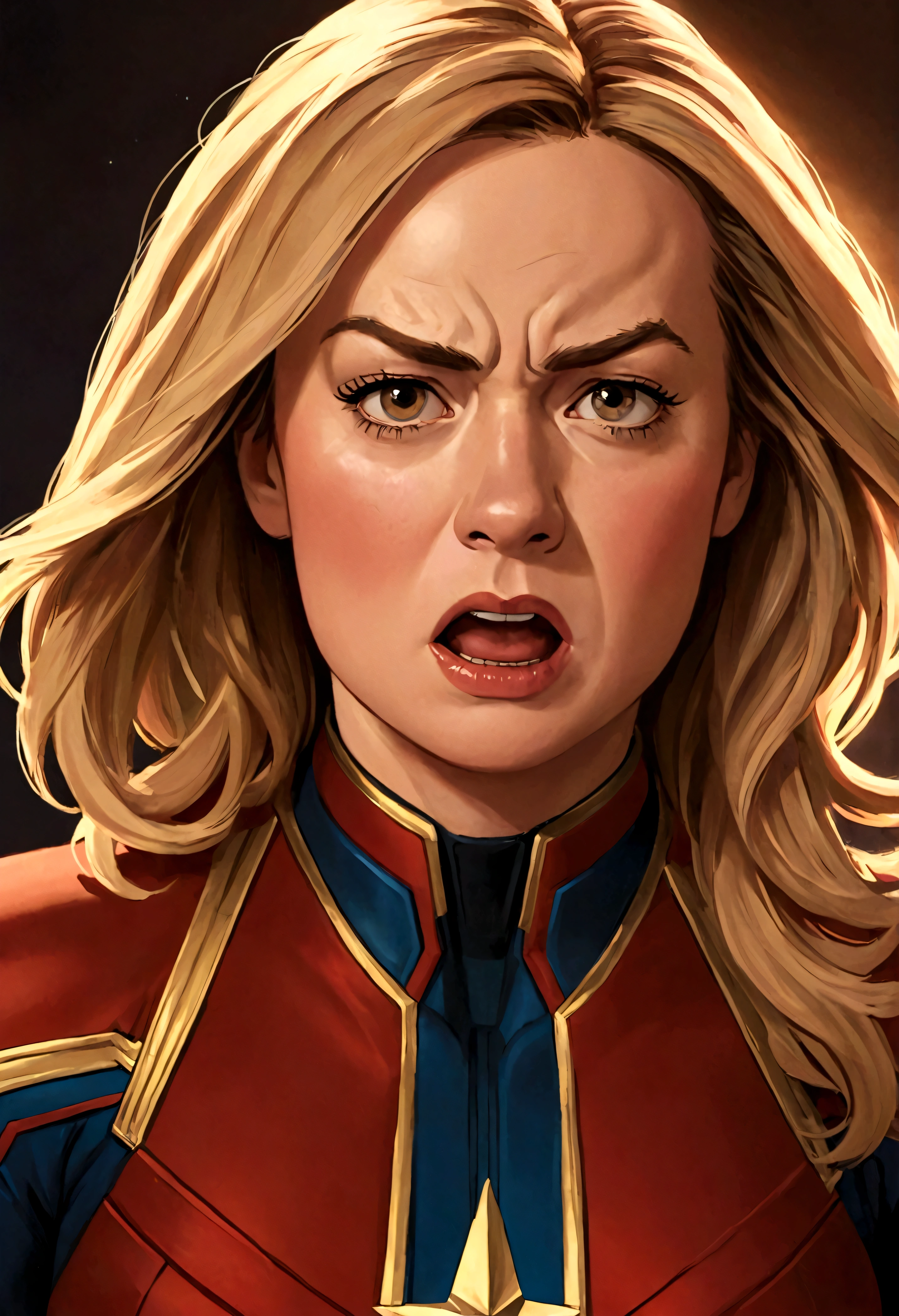 (masterpiece:1.3), (8k, Realistic, RAW Photos, highest quality: 1.4), Absurd, Charm, Ultra-high resolution, Ultra-realistic, Very detailed, Golden Ratio, (Realistic), (Best Shadow), Low contrast, (Complex:1.4), Side lighting, 8K, Beautiful Face, (Realistic Face), Beautiful hairstyle, Realistic eyes, Beautiful fine details, (Realistic Skin), Beautiful Skin, (One girl), ((Brie Larson, CAPTAIN MARVEL)), (Accurate hand and finger depiction), (Blonde Long Hair:1.3), ((Eyes closed:1.1)), (saliva), (Ecstasy:1.2), Flushing, (Sweat), NSFW ((fellatio)), (Blowjob face), ((deep throat:1.2)), BREAK ((1boy, 1penis:1.1, 2 thick penises:1.0)), ((Bust Shot)), (Head-on view)