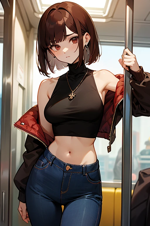 Reddish brown hair、Earrings、necklace、Sleeveless shirt、Shoulder Bare、Zip-up turtleneck、sexy、Cowboy Shot、In a crowded train、Disheveled clothing、Office casual fashion、The inner string is visible、Asymmetrical design、Tight pants、Off-the-shoulder oversize short jacket、Voluminous bob cut、Asymmetrical hairstyle、High leg pants、jeans、Dark navy jeans、Sideboob、White top、Belly button、Trouser buttons and zippers are undone and open、smile、The pants are unbuttoned、The trousers zipper is open、Underboob、Frillouth half open、Your clothes are in disarray、My father has it half open