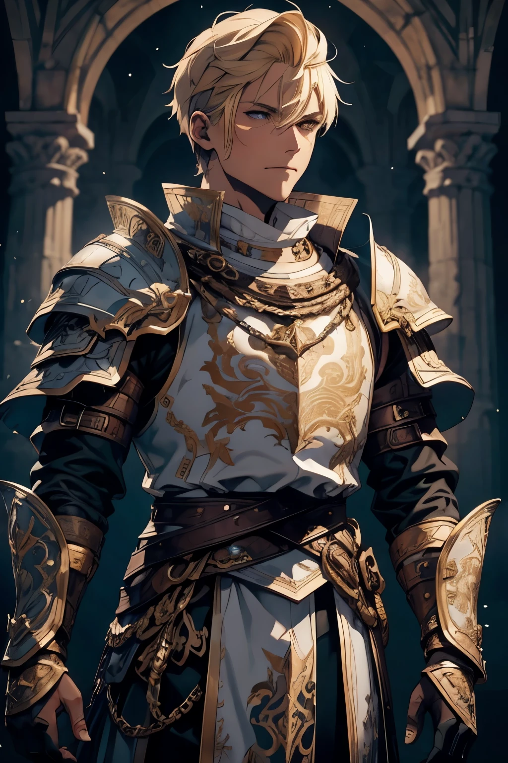 white man, blond hair, brown eyes, short hair, with white clothes, on top of the white clothes he wears armor decorated in black, on both arms he has bracelets decorated in black, he wears a white cape, the cape has a drawing of a dragon in the middle in black, on the edges of the cover there is a black outline, the cover covers both shoulders, scenery and the night sky with stars.