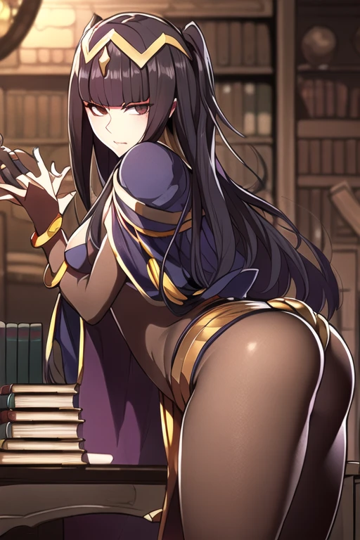 best quality, masterpiece, tharja, gold loincloth, gold-lined bodystocking, gold hairband, gold collar, cape,  hands on desk, leaning on desk, ass, standing, looking back, looking at viewer, from side, (Background: Indoors, stone room, artifacts, glowing rocks, desk, shelves filled with books and potions)